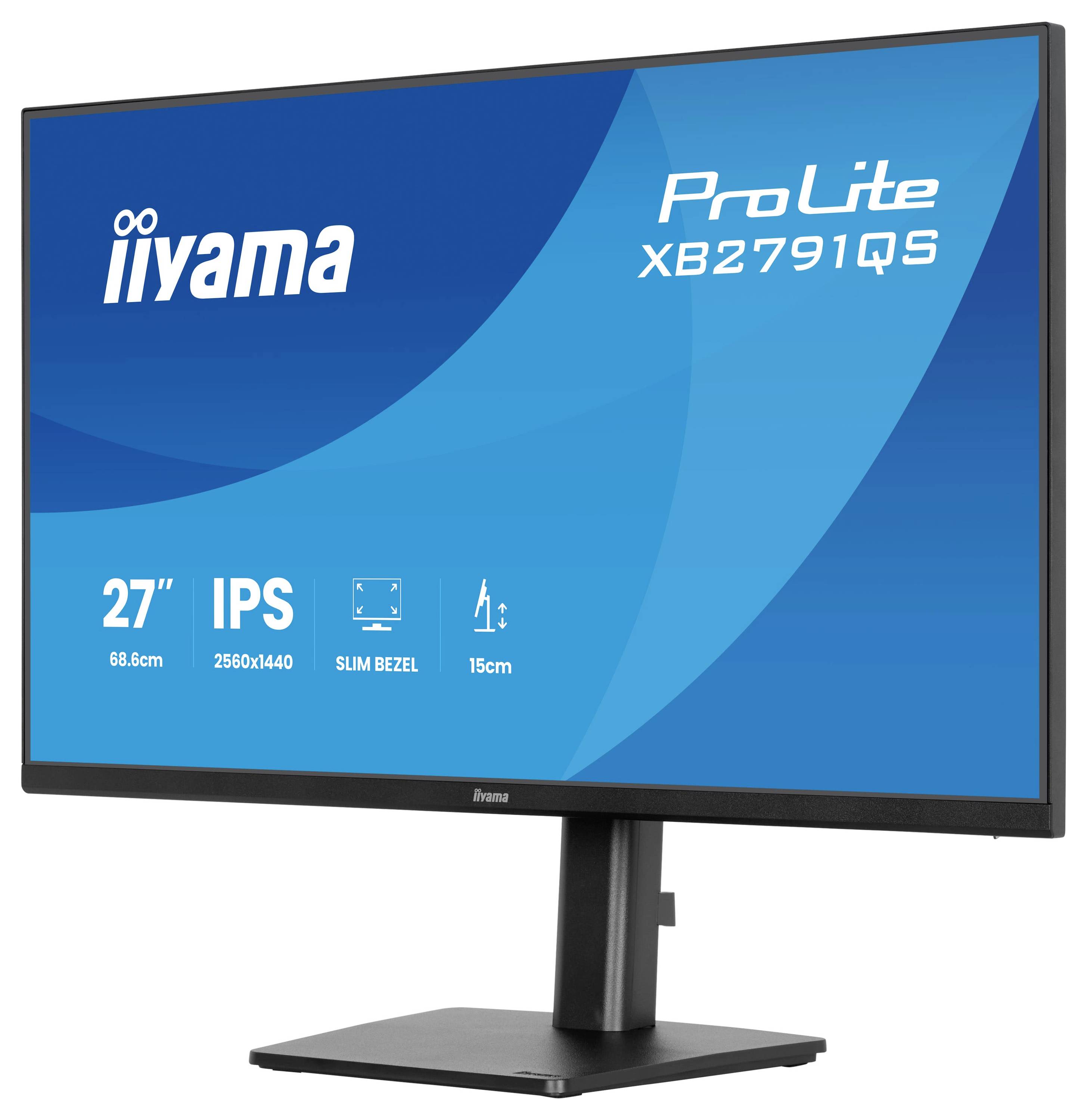 Monitor zobrazující 'iiyama ProLite XB2791QS' se specifikacemi: 27" obrazovka, IPS panel, rozlišení 2560x1440, tenký rámeček, výška stojanu 15cm.