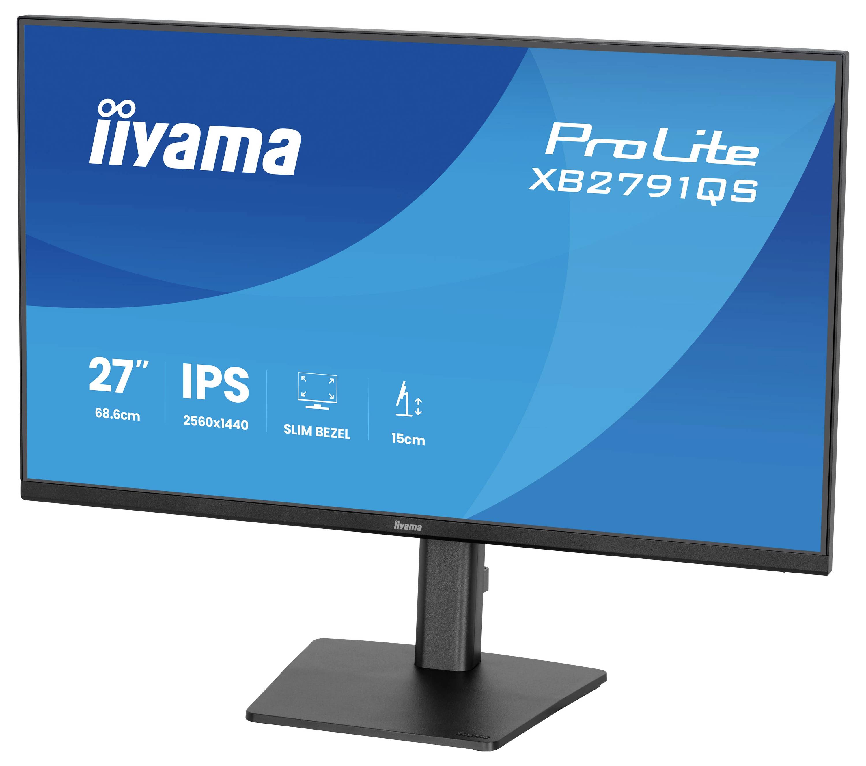 Monitor Iiyama ProLite XB2791QS, 27palců, rozlišení 2560x1440, IPS, úzký rámeček, nastavení výšky 15cm; modrě tématicky zaměřený displej.