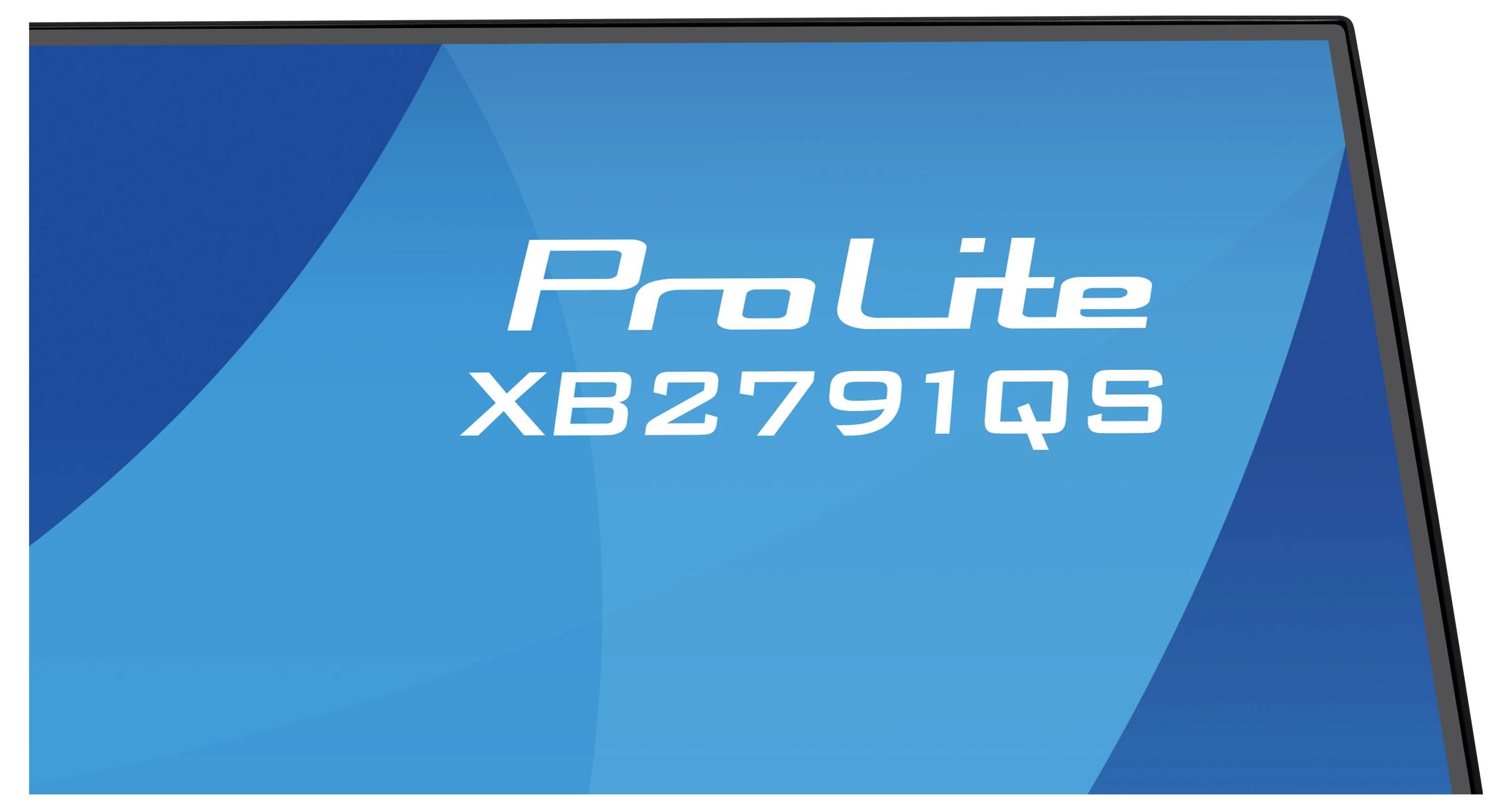 Monitor s textem "ProLite XB2791QS" zobrazeným na obrazovce, prezentujícím modré pozadí s přechodem.