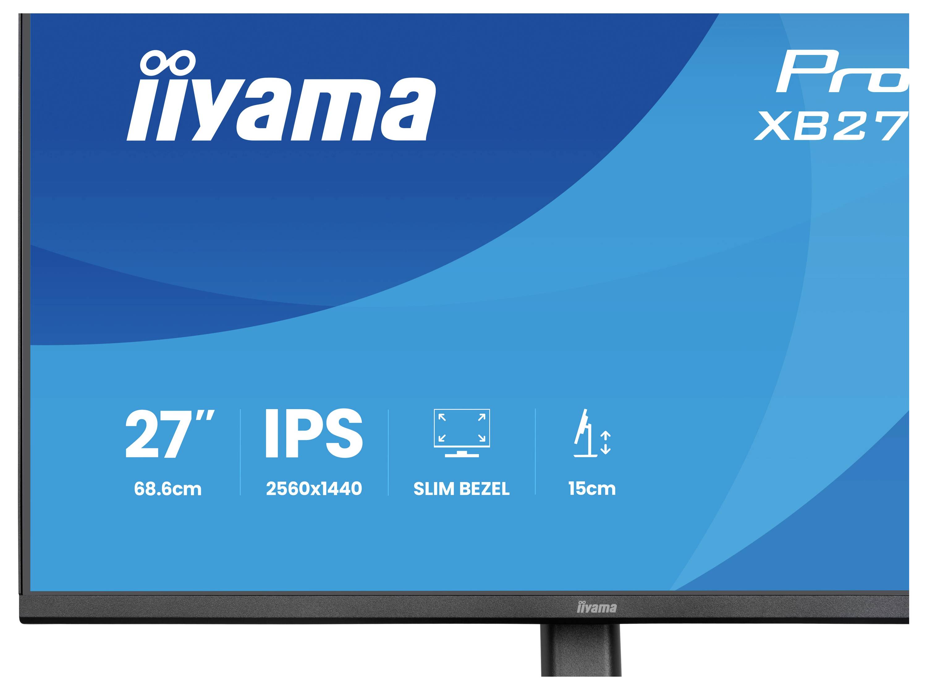 Počítačový monitor zobrazuje specifikace: '27"', 'IPS', '2560x1440', 'Tenký rámeček', '15cm nastavení výšky.' Značka v levém horním rohu.