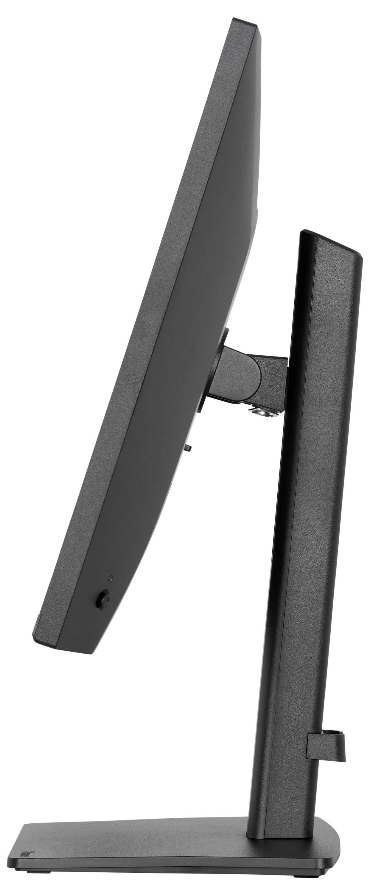 Boční pohled na tenký černý počítačový monitor se stojanem. Úhel displeje lehce nakloněný, zdůrazňující elegantní, moderní design.