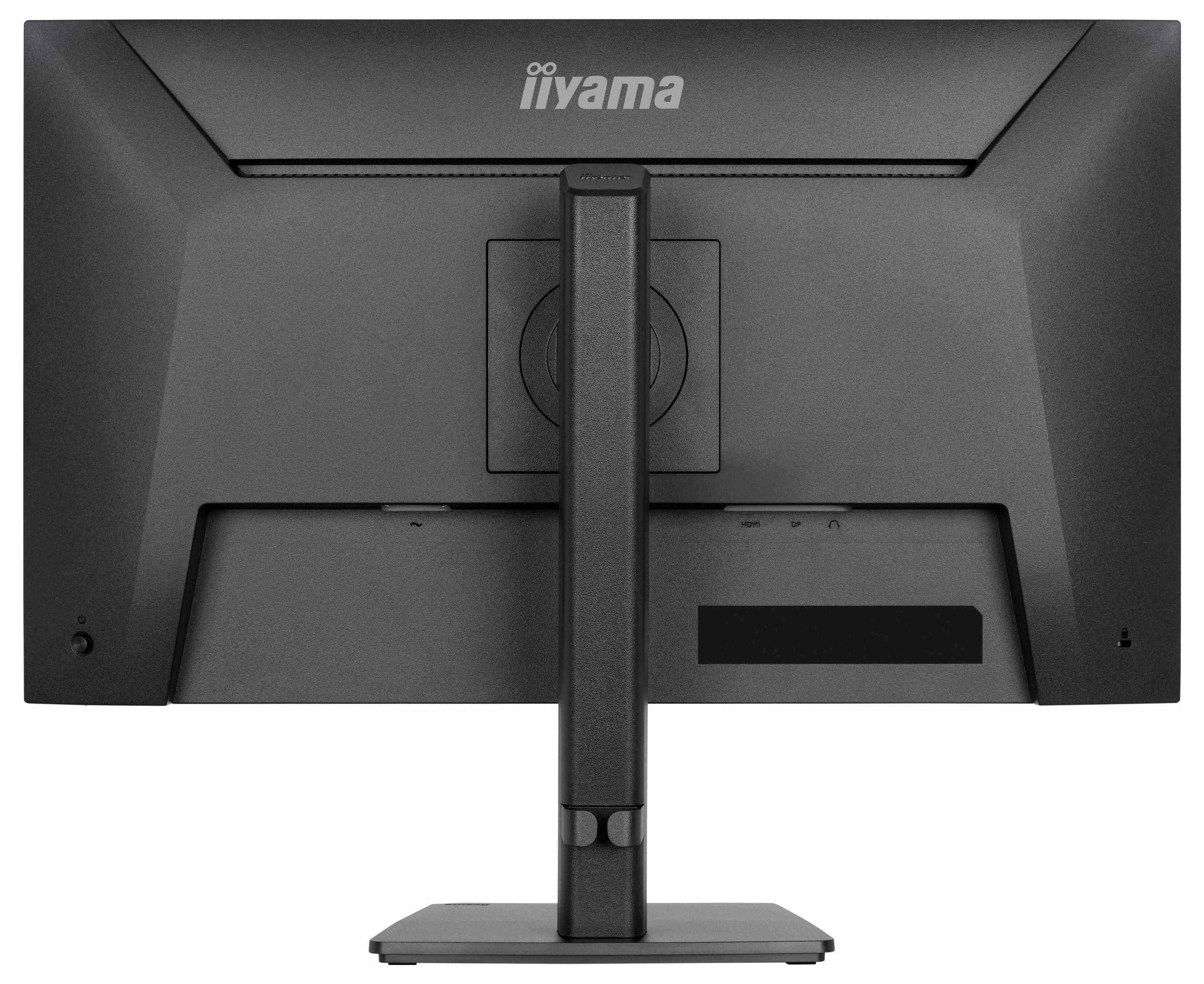 Zadní pohled na černý počítačový monitor s obdélníkovým stojanem, vykazující design větrání a konektory pro připojení.