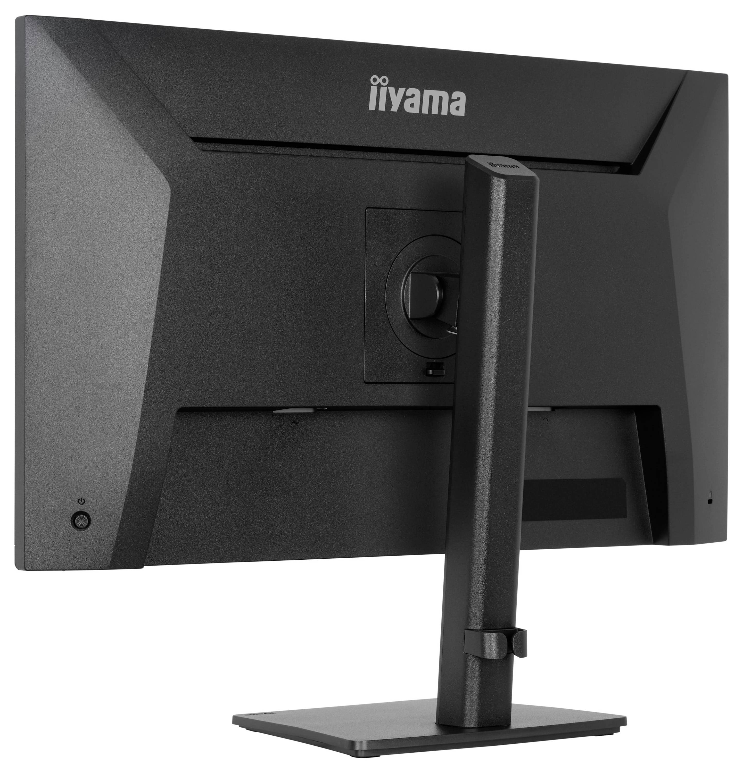 Černý počítačový monitor pohled zezadu, na horním středu s logem značky "iiyama" a robustním nastavitelným stojanem.