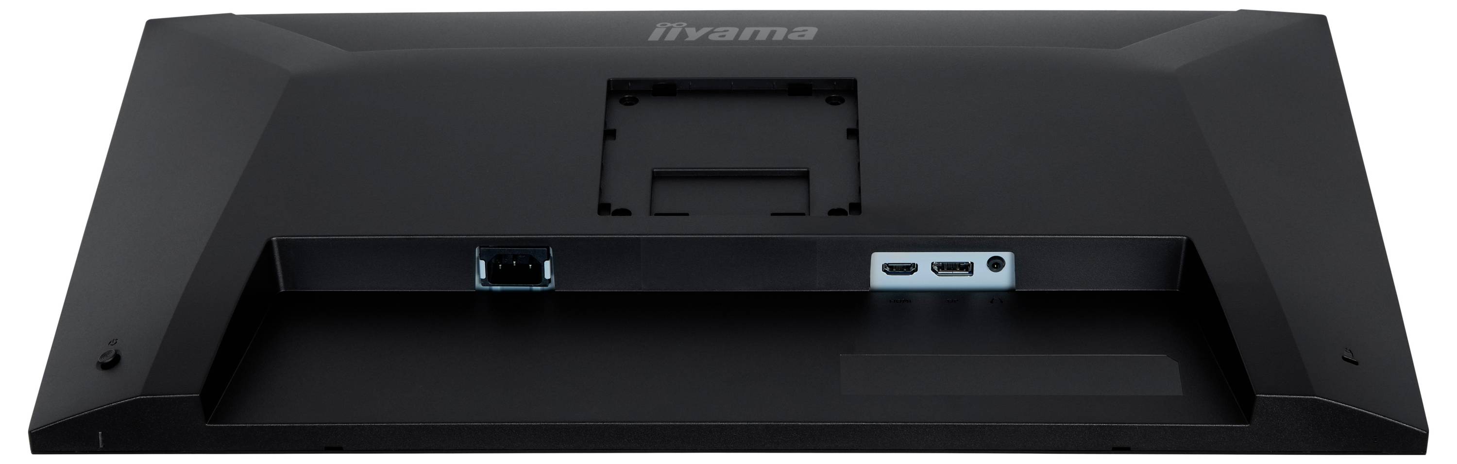 Zadní pohled na černý počítačový monitor s porty pro připojení, včetně HDMI a DisplayPort, zdůrazňující možnosti připojení.