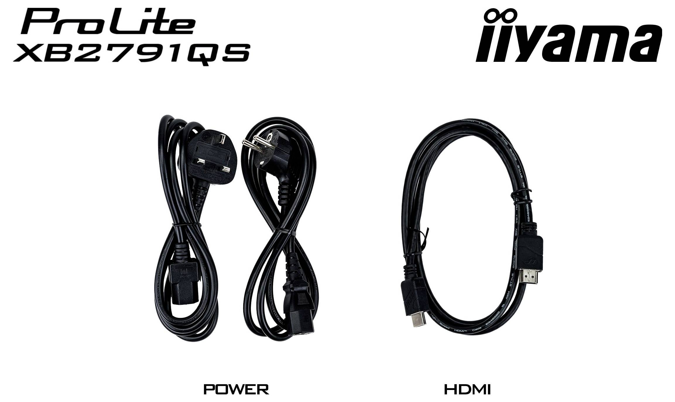 Příslušenství monitorů 'ProLite XB2791QS': na obrázku jsou zobrazeny napájecí a HDMI kabely od společnosti iiyama, vystavené vedle sebe pro účely připojení.