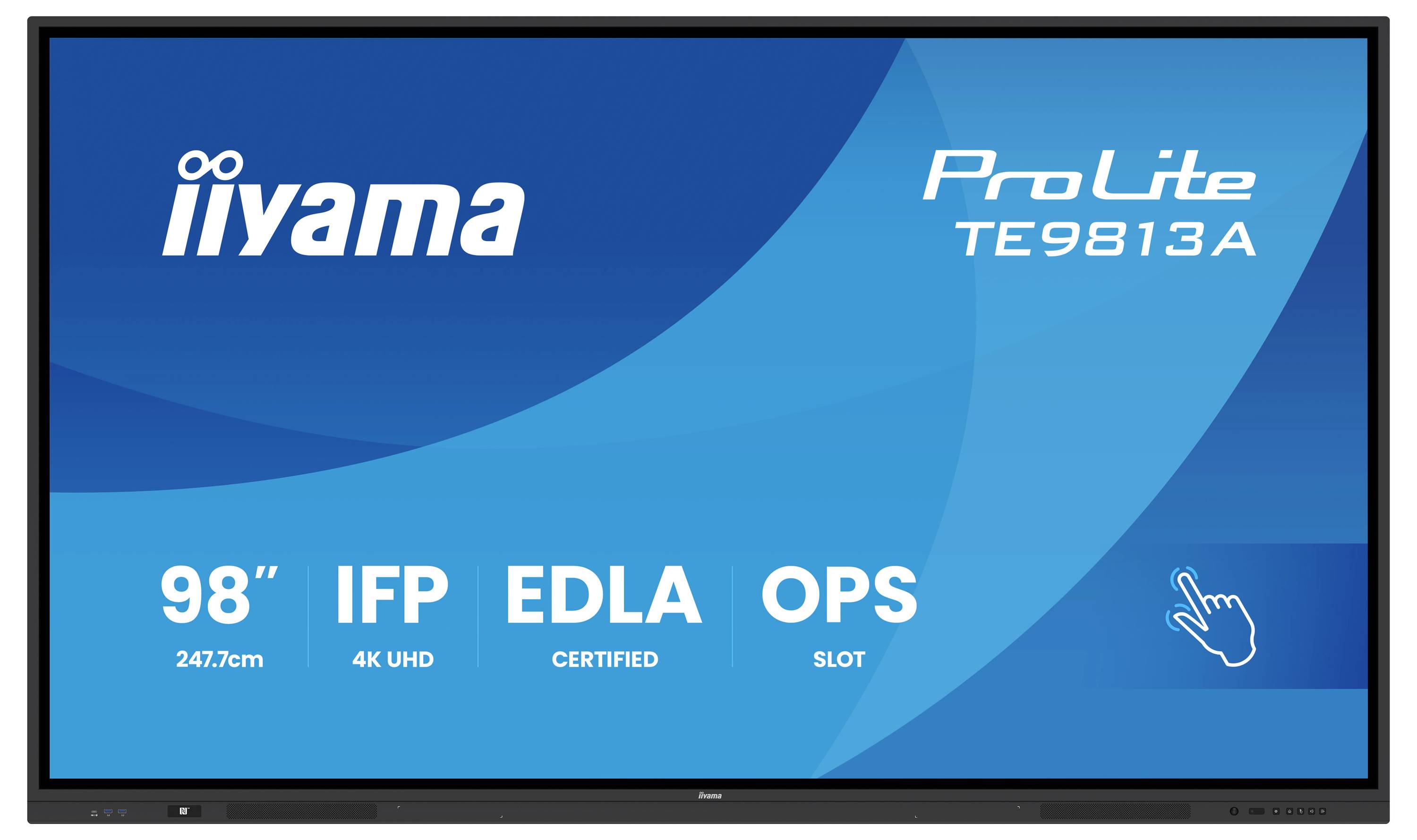 Displej 'iiyama ProLite TE9813A' s 98palcovou 4K UHD obrazovkou, IFP, certifikací EDLA, slotám OPS; vybavený dotykových rozhraním.