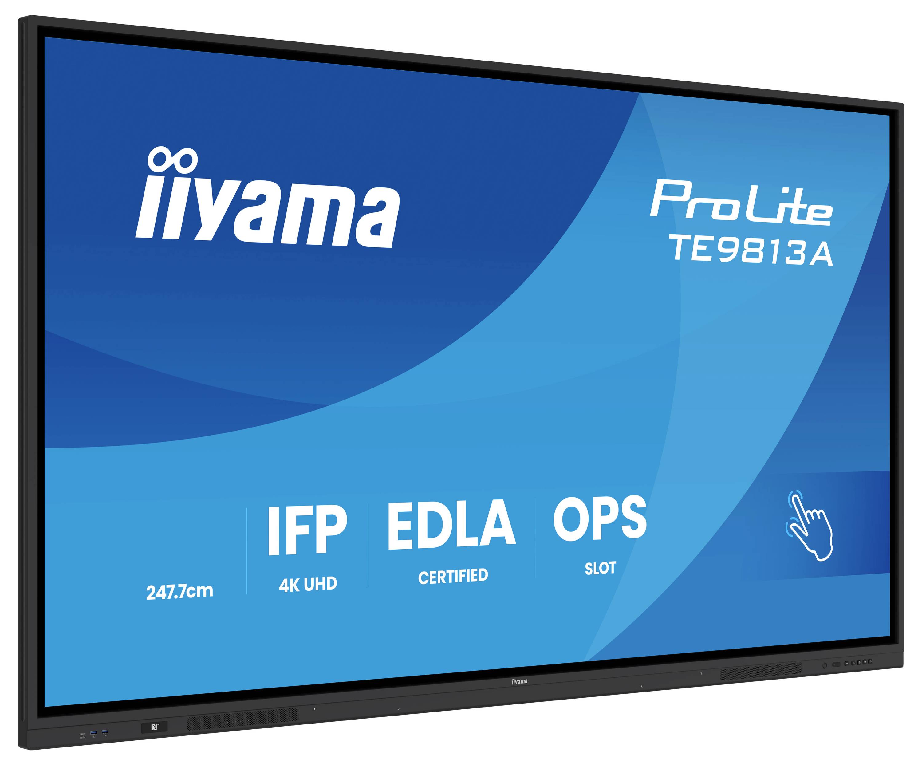 Displej 'ProLite TE9813A', 98palcový 4K UHD od společnosti Iiyama, s funkcí IFP, certifikací EDLA, slotem OPS a dotykovým rozhraním.