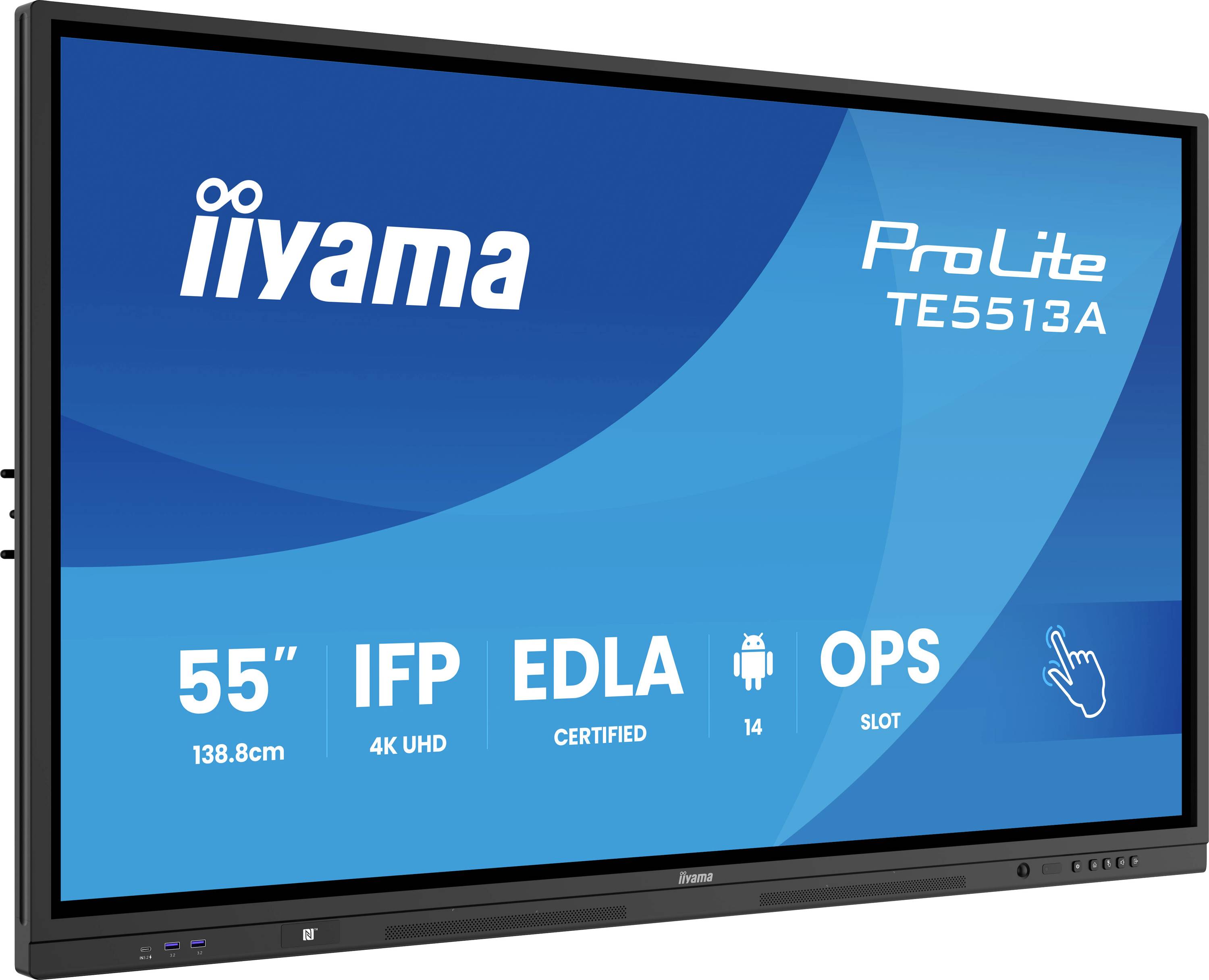 'iiyama ProLite TE5513A' interaktivní displej zobrazující funkce: 55" (138,8 cm), IFP, 4K UHD, EDLA certifikováno, Android 14, slot OPS.