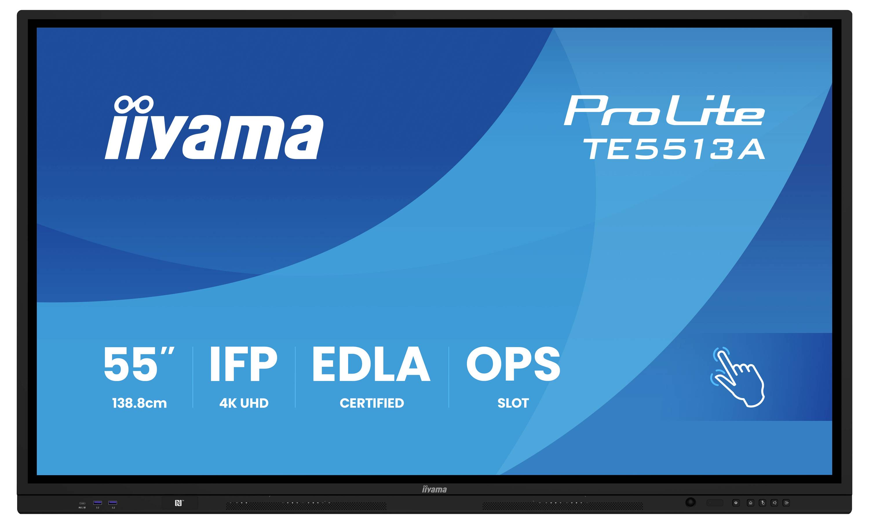55palcový displej s označením 'iiyama ProLite TE5513A'; zvýrazňované vlastnosti: 4K UHD, certifikace EDLA, slot OPS a IFP.