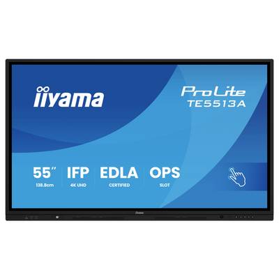 55palcový displej s označením 'iiyama ProLite TE5513A'; zvýrazňované vlastnosti: 4K UHD, certifikace EDLA, slot OPS a IFP.