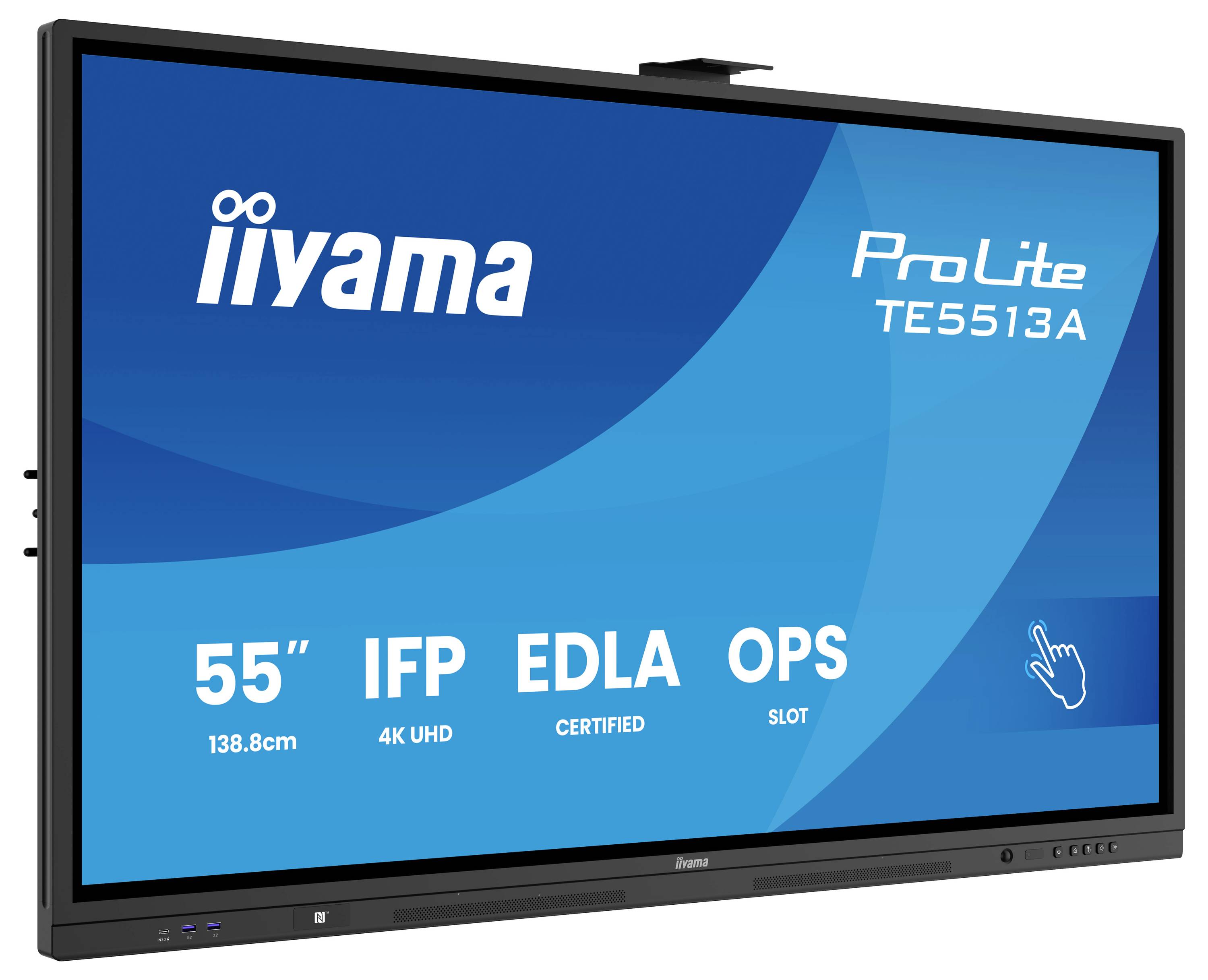 Velký interaktivní displej s textem "iiyama ProLite TE5513A", "55", 4K UHD, IFP, EDLA CERTIFIED, OPS SLOT" a symbolem kurzoru ruky.