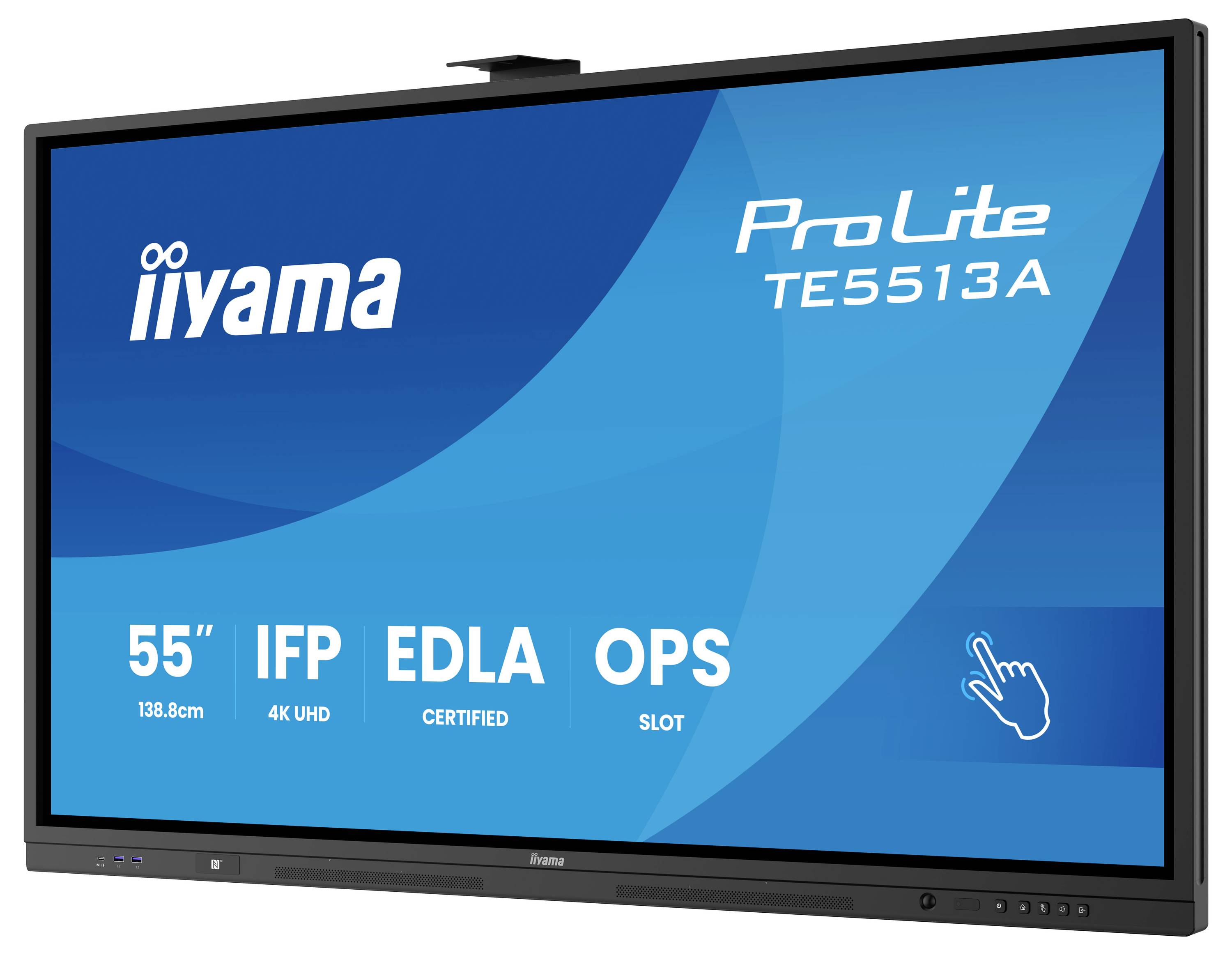 Interaktivní plochý panel značky Iiyama s modelem 'ProLite TE5513A', který se vyznačuje 55palcovou 4K UHD obrazovkou s dotykovou funkcí.