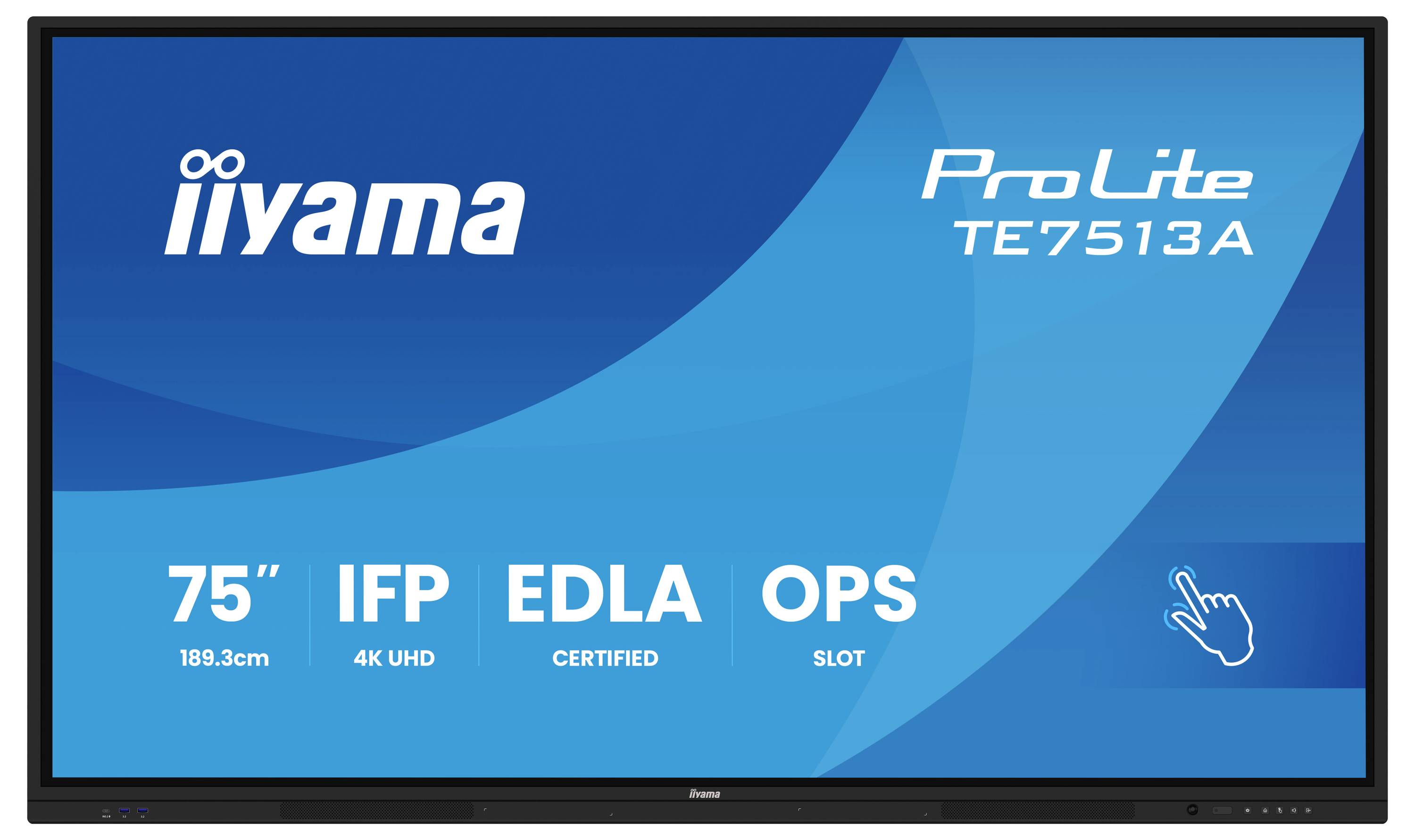 75" Iiyama ProLite TE7513A displej s IFP, EDLA, rozlišením 4K UHD a slotом OPS. Ikona doteku označující interaktivitu.
