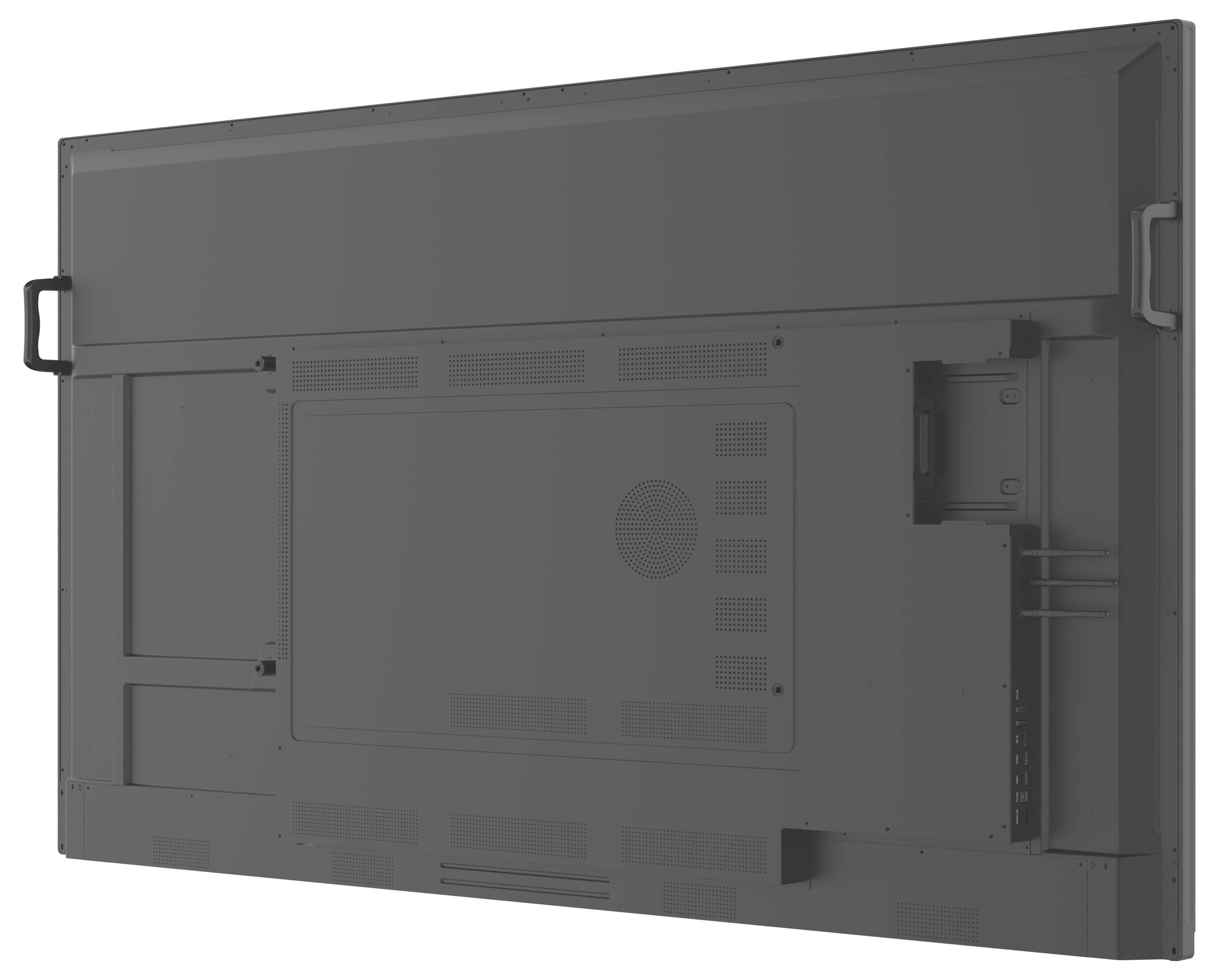 Zadní pohled na velký plochý monitor s různými porty, ventilačními otvory a robustními madly na obou stranách pro snadné manipulace.