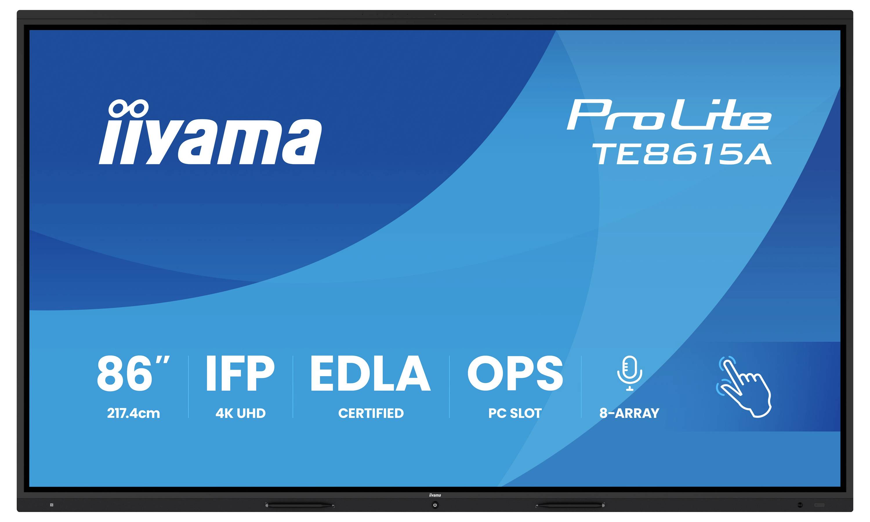Iiyama ProLite TE8615A, 86" interaktivní displej, 4K UHD, certifikace EDLA, se slotem pro OPS PC a 8prvkovým mikrofonem.