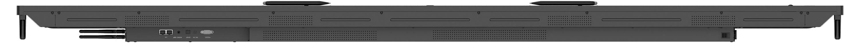 Černý soundbar s více reproduktorovými sekcemi a porty pro připojení na straně.