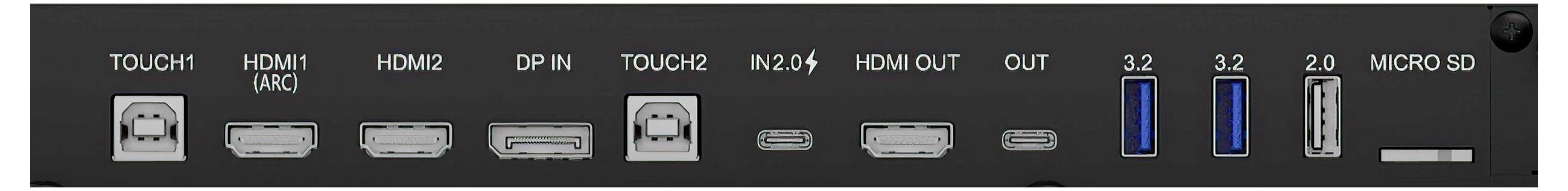 Zadní panel zařízení s různými porty včetně HDMI1, HDMI2, DP1.4, TOUCH1, 2.0, HDMI OUT, USB 3.2, USB 2.0 a MICRO SD.