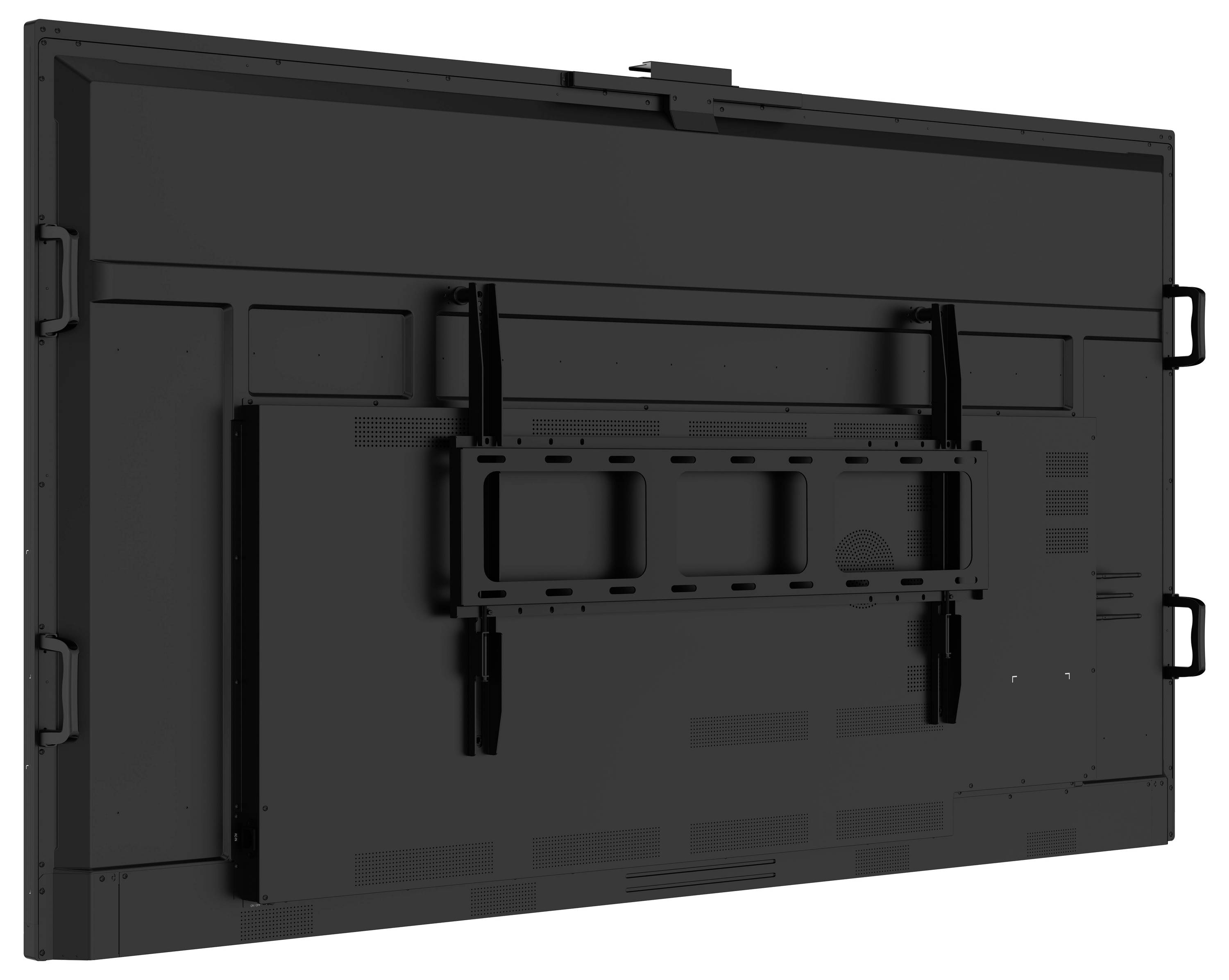 Obrázek ukazuje zadní pohled na velký plochý monitor s připevněnými montážními konzolami vhodnými pro instalaci na zeď.