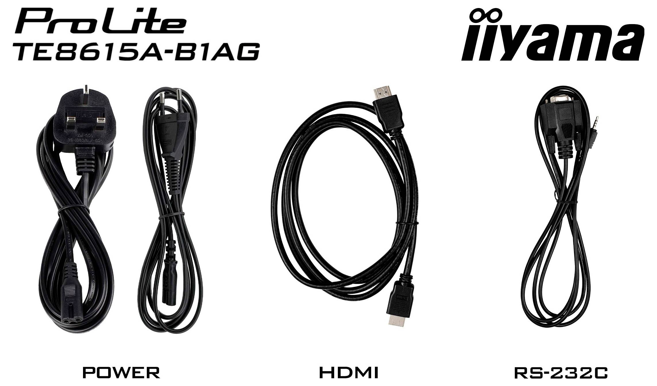 Napájecí kabel, kabel HDMI a kabel RS-232C uspořádané vedle sebe. Všechny kabely mají viditelné konektory. Na horní části jsou loga "ProLite TE8615A-B1AG" a "iiyama".