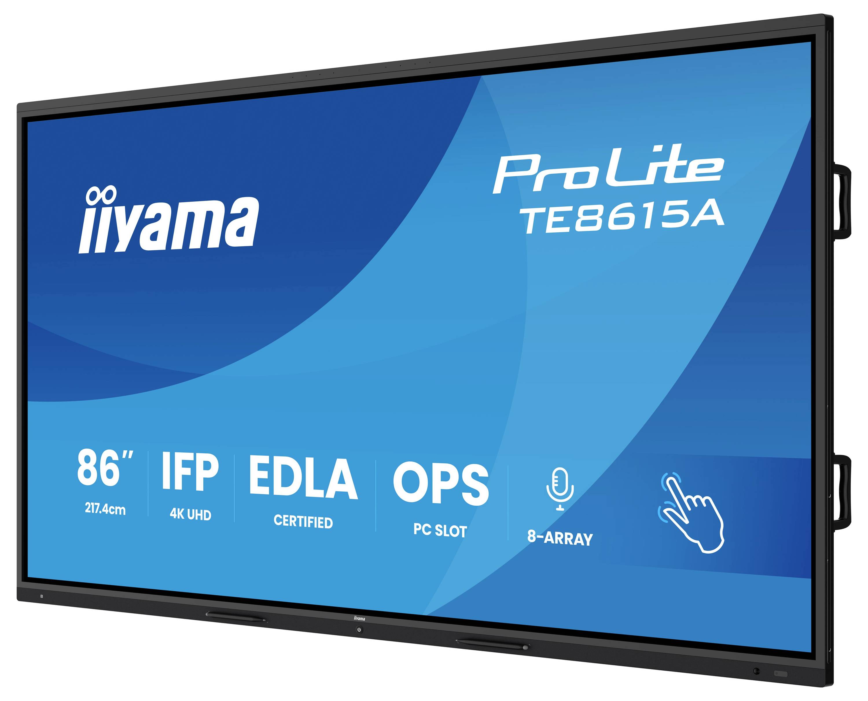 Obrázek ukazuje velkou interaktivní obrazovku s funkcemi jako 4K UHD, IFP, certifikace EDLA, slot OPS PC a mikrofon s 8 prvky.