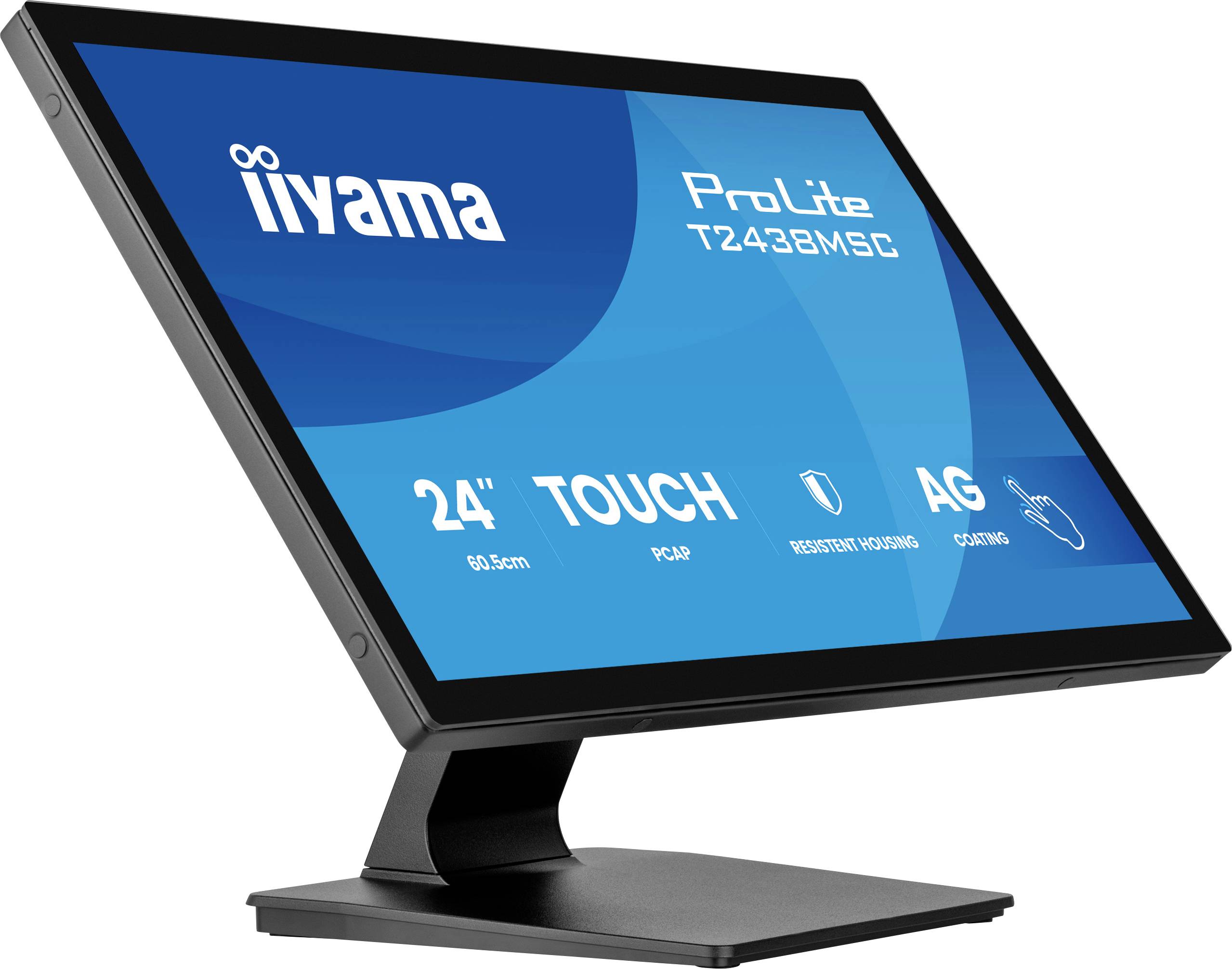 24palcový dotykový monitor Iiyama ProLite T2435MSC s ergonomickým stojanem, vybavený technologií proti odrazu a ikonami konektivity.