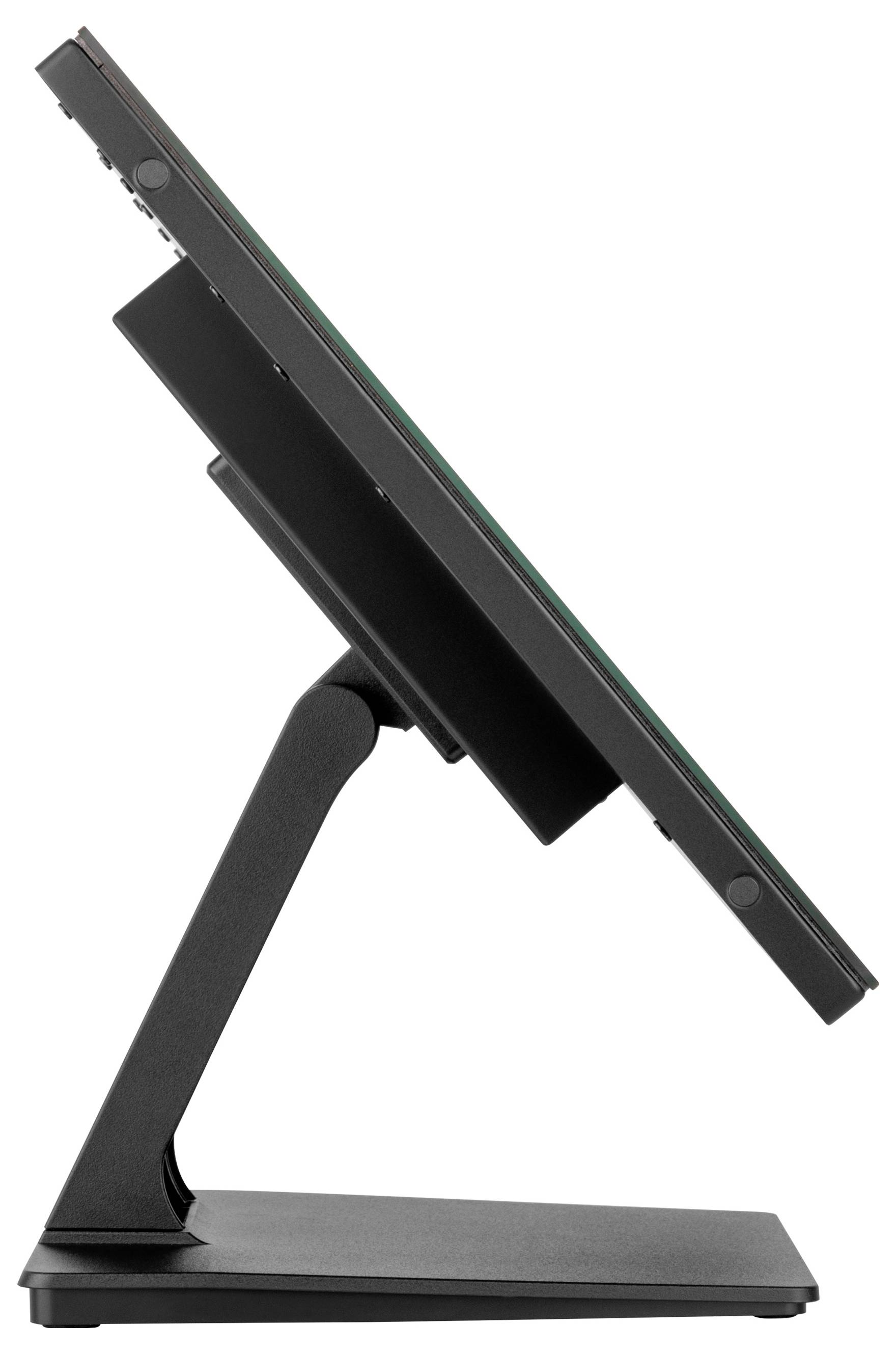 Boční pohled na moderní počítačový monitor se štíhlým, nastavitelným stojanem, lehce nakloněný dopředu, prezentující jeho elegantní profil.