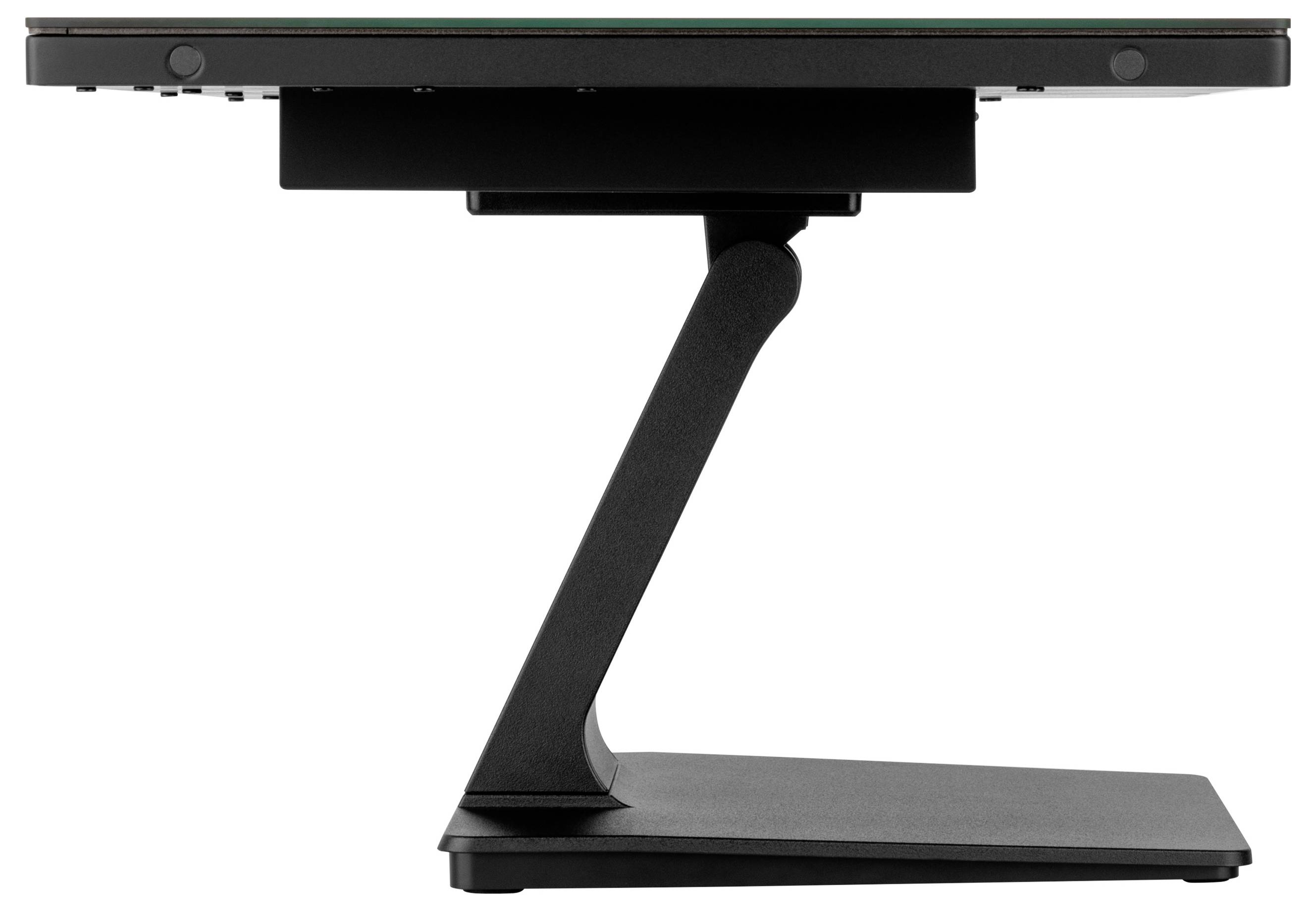 Pohled ze strany na plochý monitor na elegantním, skloněném stojanu umístěném na obdélníkové základně.