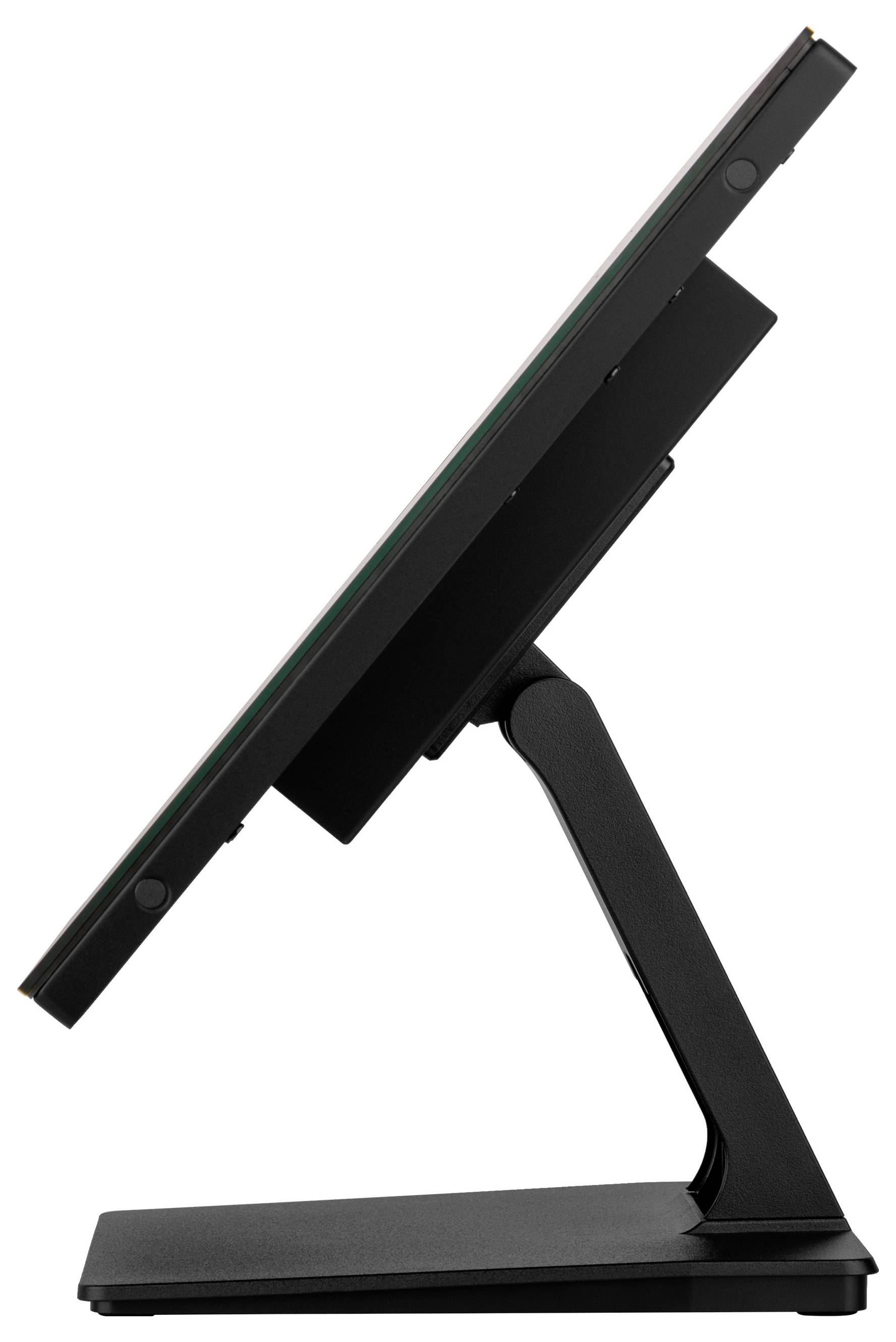 Boční pohled na černý dotykový monitor s elegantním, štíhlým designem, který zobrazuje jeho nastavitelný stojan pro optimální úhly pohledu.