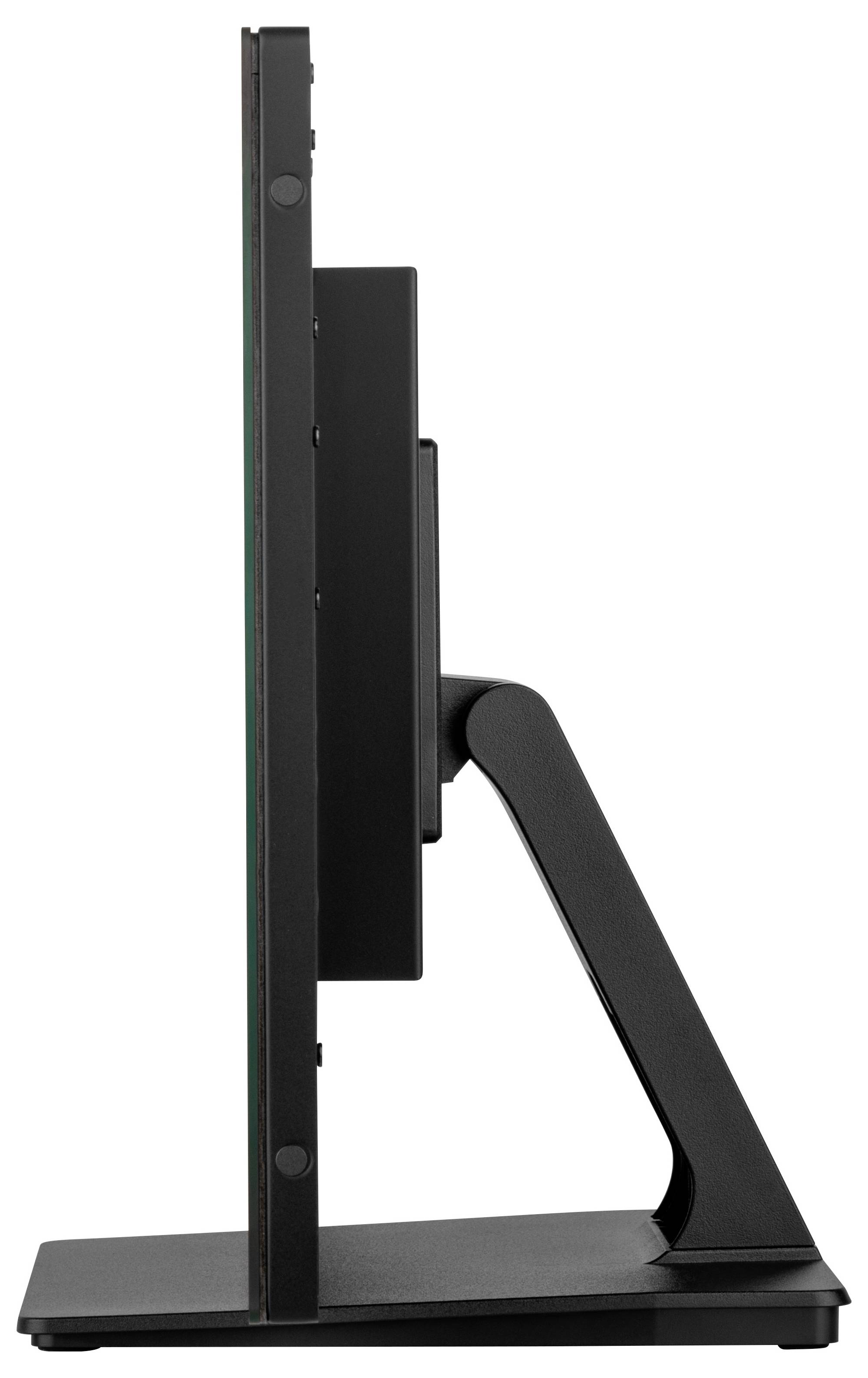 Boční pohled na moderní ultratenký počítačový monitor s černým stojanem, který předvádí jeho tenký profil a elegantní design.
