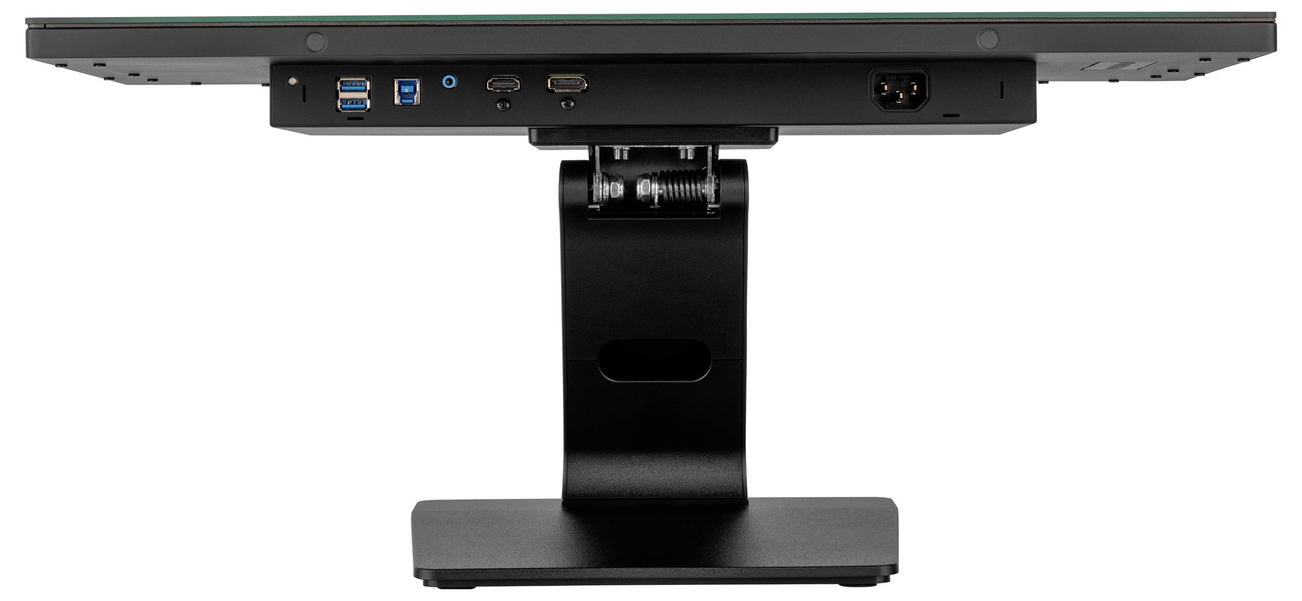 Zadní pohled na počítačový monitor se stojanem, ukazující porty USB, HDMI a napájení. Zaměření je na dostupné možnosti připojení.