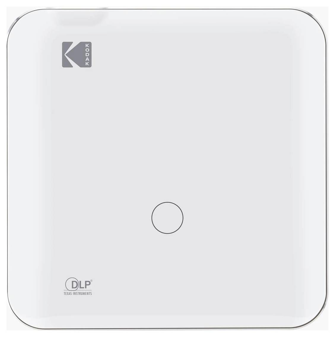 Bílé zařízení Kodak s kulatým tlačítkem uprostřed. Logo „DLP Texas Instruments" viditelné v levém dolním rohu.