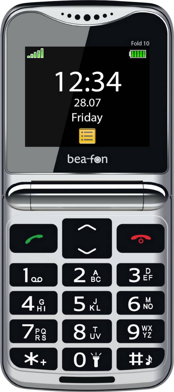 beafon Fold 10 2G telefon pro seniory - véčko tlačítko SOS, nabíjecí stanice černá, stříbrná