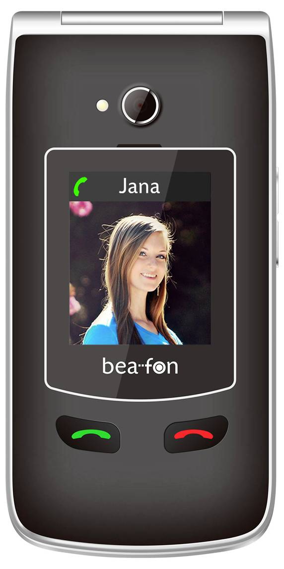 Mobilní telefon s klapkou se zobrazením fotografie ženy a jménem 'Jana'. Má zelené tlačítko pro přijetí hovoru a červené tlačítko pro ukončení hovoru.