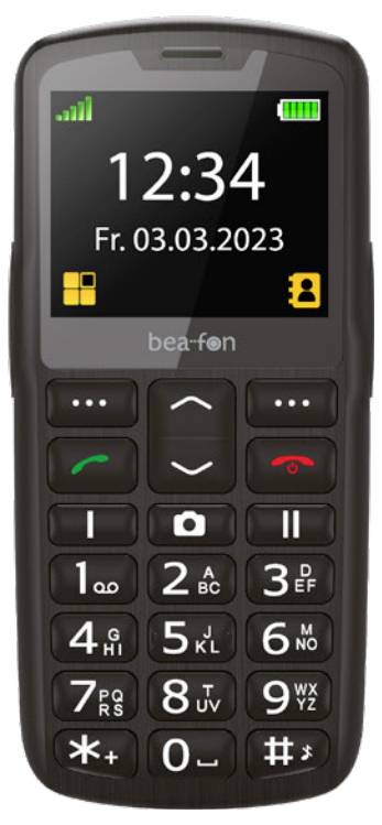 Základní mobilní telefon s hmatným klávesnicí. Na displeji se zobrazuje "12:34" a "Pá. 03.03.2023". Nahoře jsou zobrazeny ukazatele signálu.
