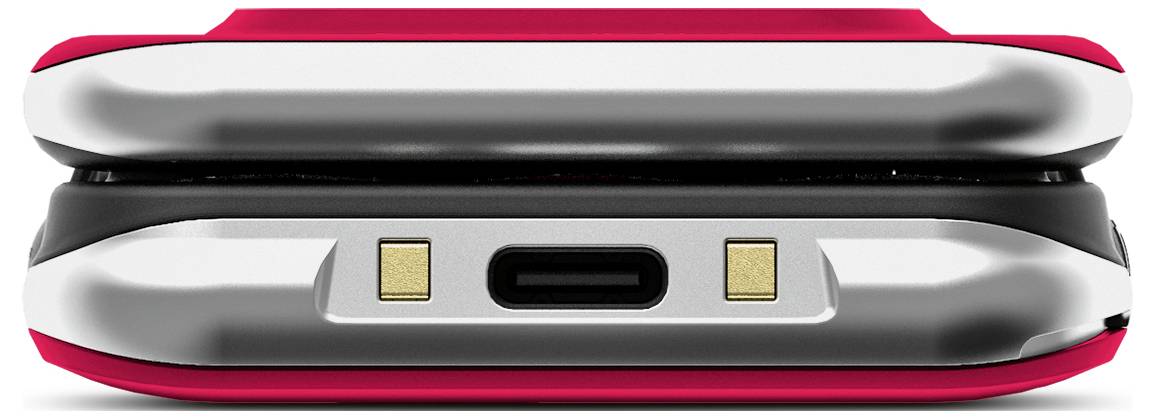 Detailní pohled na elegantní, moderní skládací elektronické zařízení, které vykazuje závěs a USB-C nabíjecí port mezi dvěma polovinami.