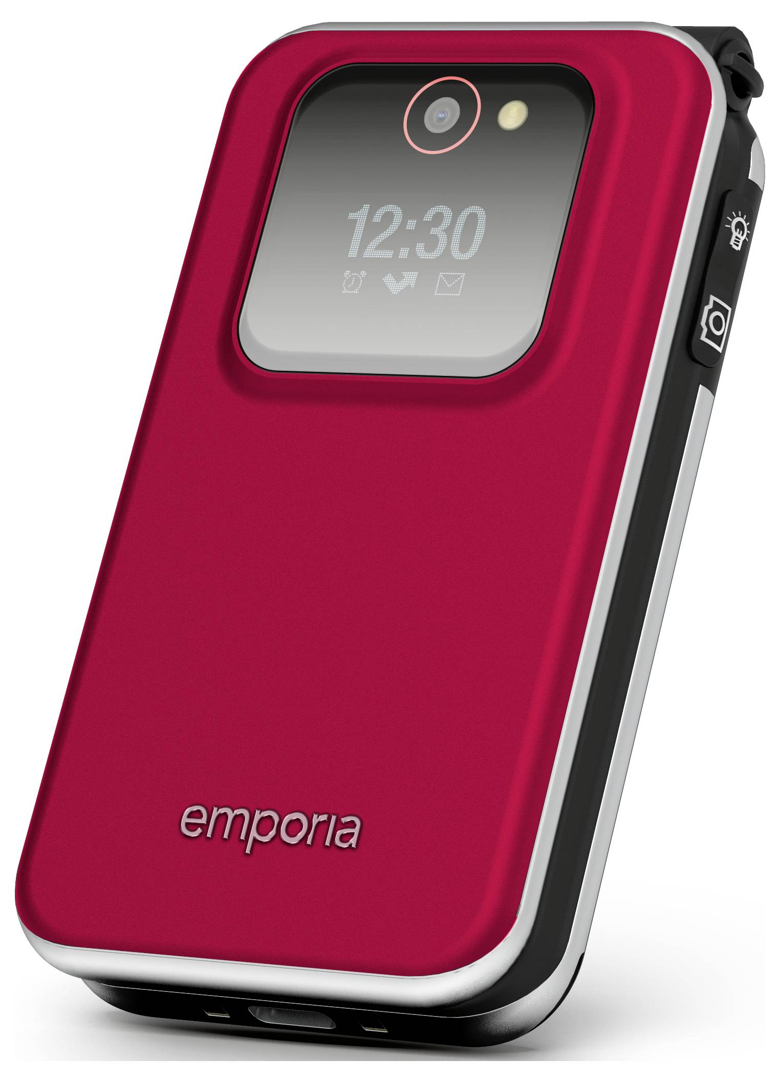 Červený skládací telefon s předním displejem zobrazujícím "12:30" a fotoaparátem nad ním. Telefon je na spodní straně značený "emporia".