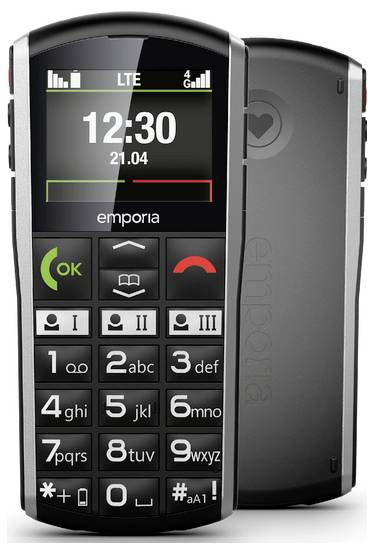 Černý mobilní telefon s velkými tlačítky, malý displej zobrazující "12:30 21.04" a slovo "emporia" nad klávesnicí.