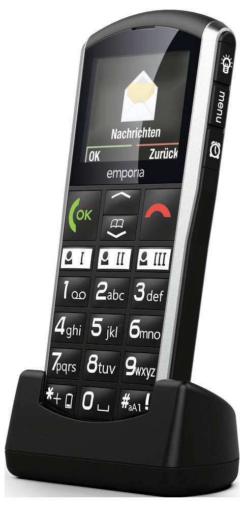 Mobilní telefon pro seniory s velkými tlačítky, čitelným displejem a nabíjecím stojánkem, zobrazující oznámení o zprávě; navržený pro snadné použití.