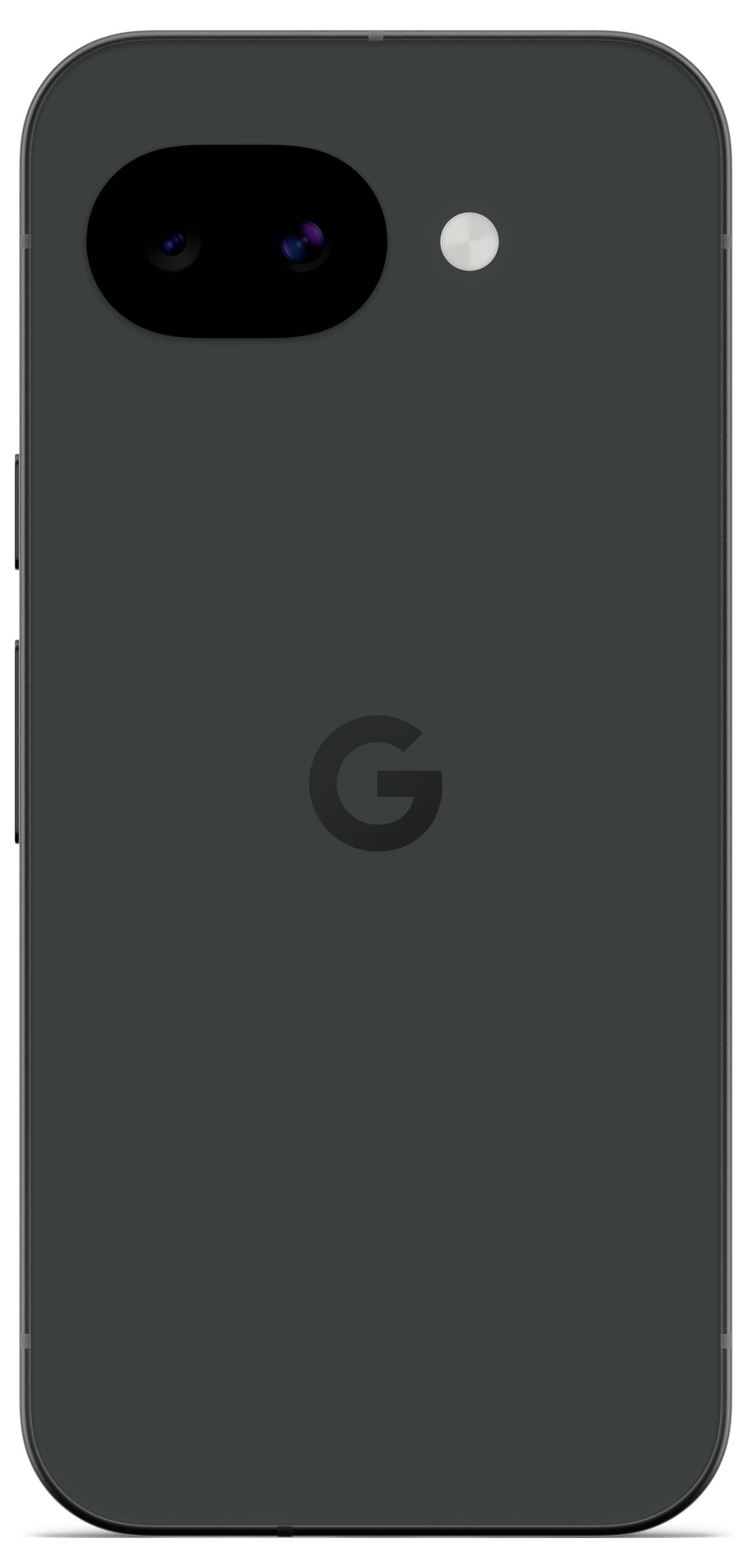 Chytrý telefon zobrazený zezadu s jedinou zadní kamerou a bleskem. Zařízení je černé s logem "G".