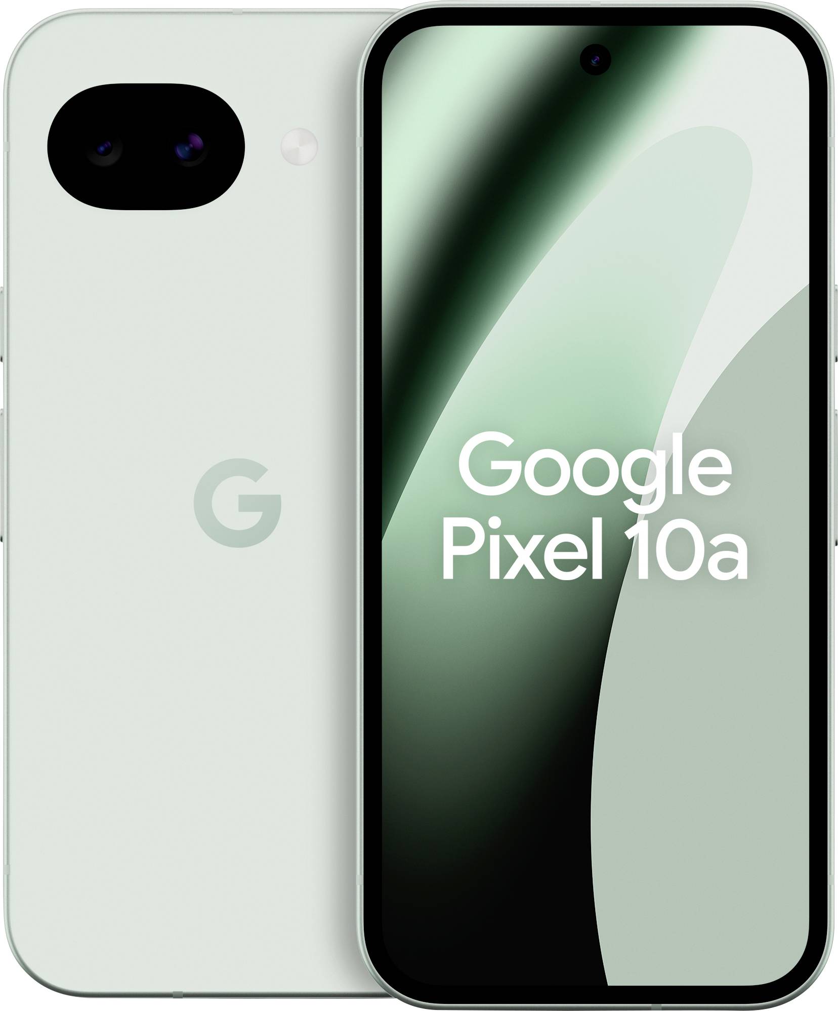 Přední a zadní pohled na smartphone Google Pixel 10a. Obrazovka zobrazuje abstraktní zelené a bílé grafiky s textem "Google Pixel 10a".