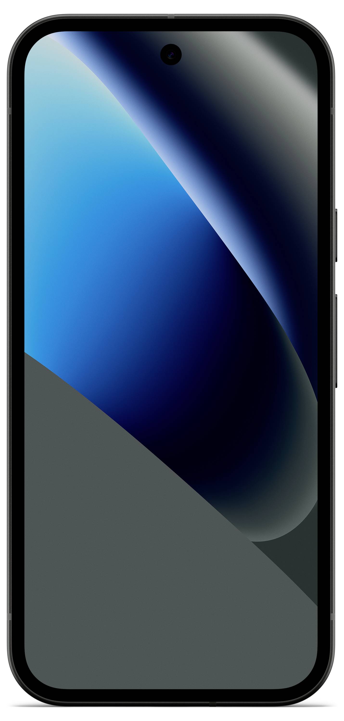 Chytrý telefon se štíhlým, zakřiveným displejem zobrazujícím abstraktní modré přechody.