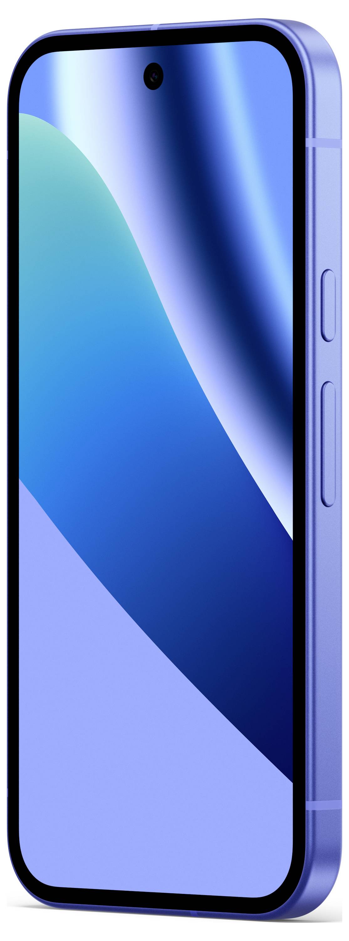 Modrý smartphone s displejem na celé obrazovce a přední kamerou v kulatém výřezu v horním středu. Zařízení má tlačítka na straně.