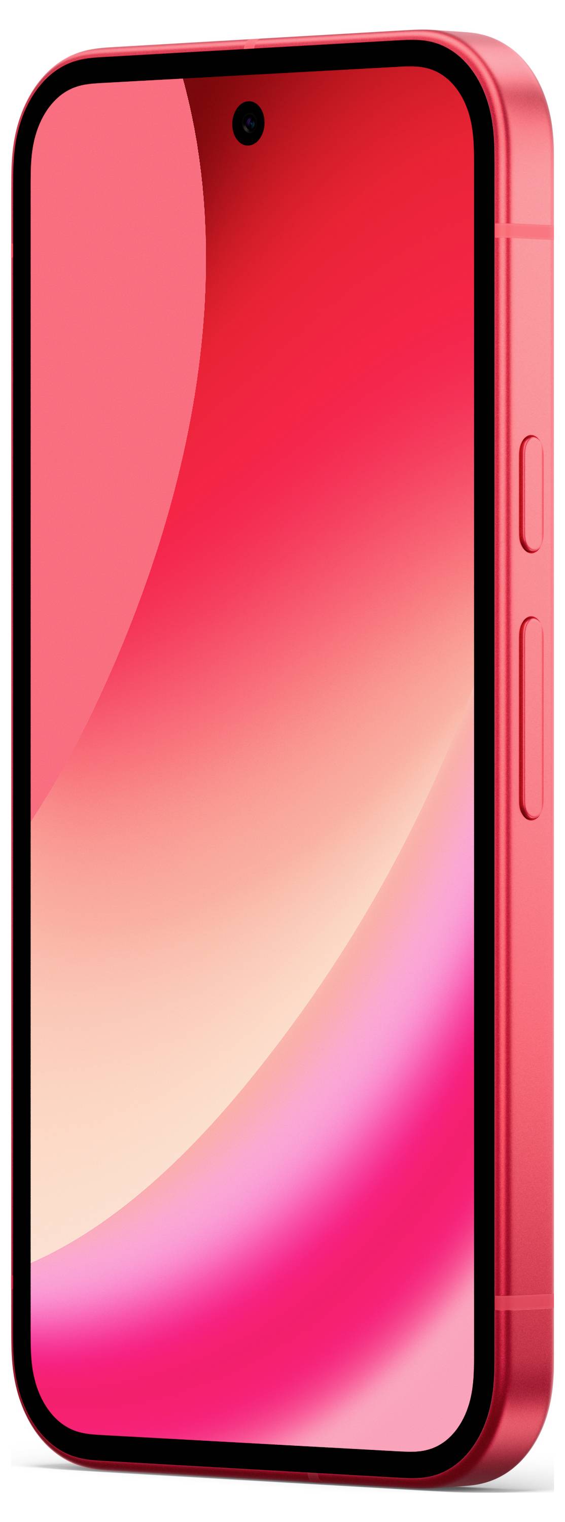 Smartphone se štíhlým červeným designem, přední displejem a bočními tlačítky, zobrazený pod úhlem.