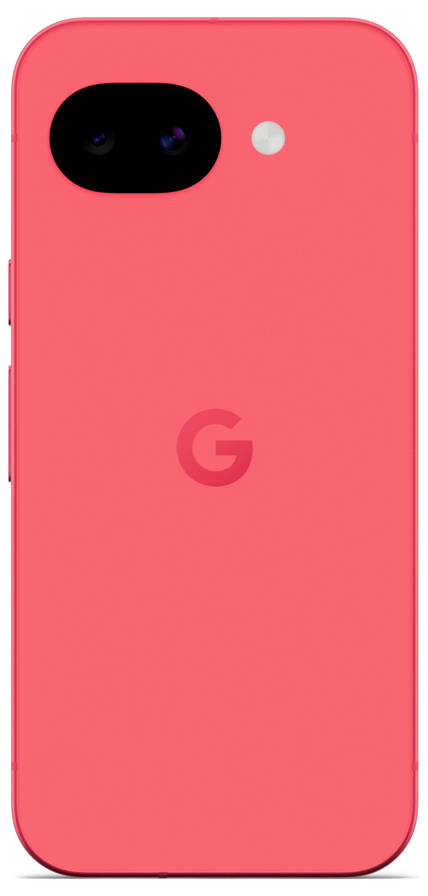 Vibrantní červený chytrý telefon s minimalistickým designem, který má malý fotoaparát a blesk na zadní straně, spolu s písmenem "G".