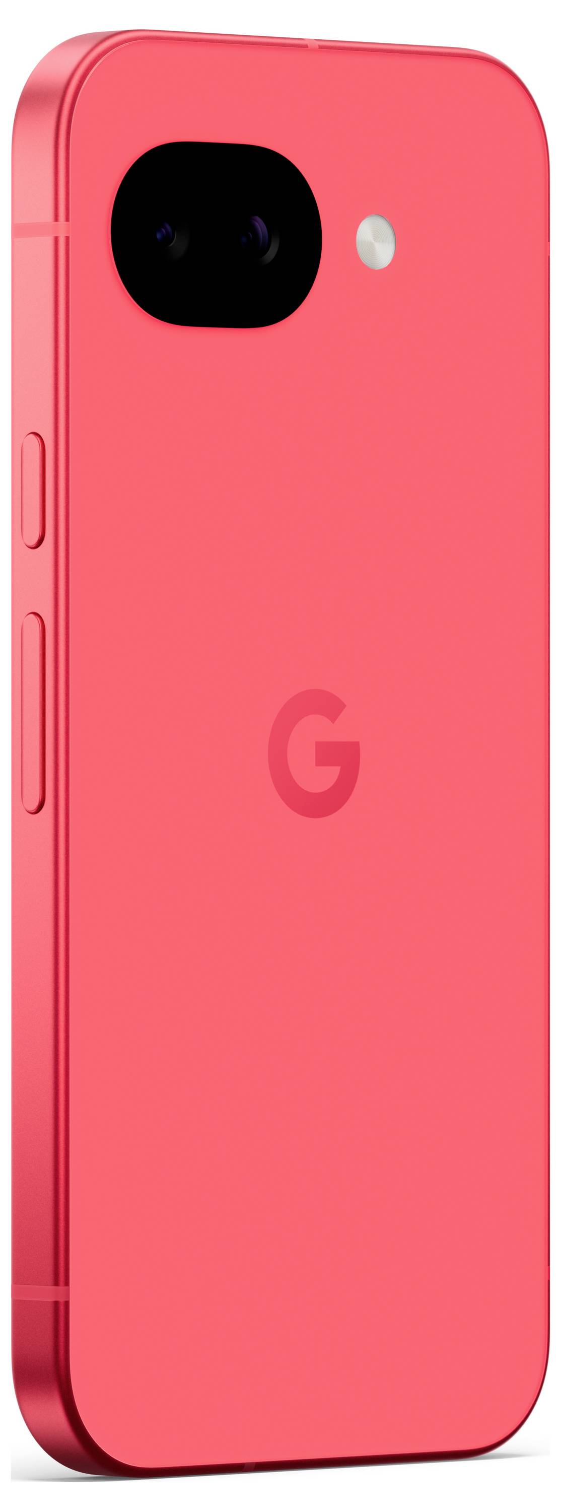Červený smartphone s fotoaparátem a bleskem na zadní straně s logem „G". Zařízení má elegantní hrany a bočná tlačítka.
