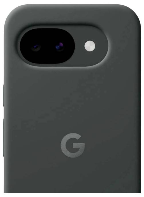 Detailní záběr zadní kamery chytrého telefonu a blesku na matném tmavém pouzdru s logem písmena 'G'.