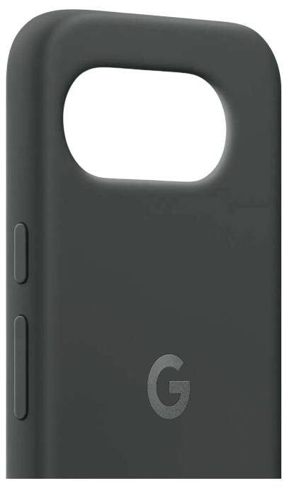Tmavě šedé pouzdro na smartphone s otvorem pro fotoaparát a dvěma bočními tlačítky. Pod otvorem je viditelné logo ‚G'.