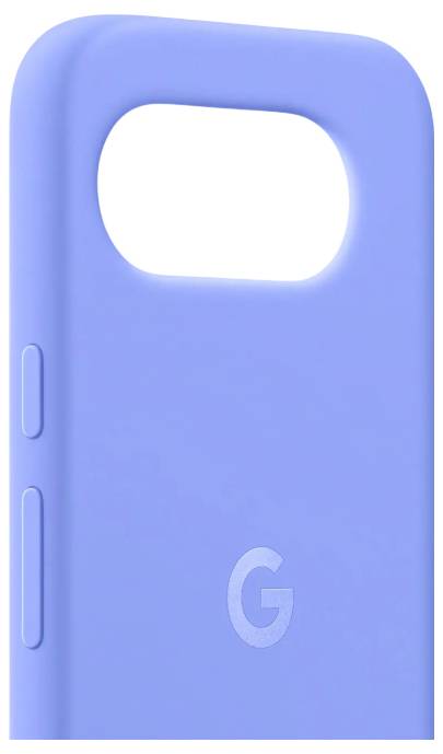 Kryt na smartphone v jemně modré barvě s výřezy pro tlačítka a logem „G", pohled z zadu, zobrazující sekci horního rohu.