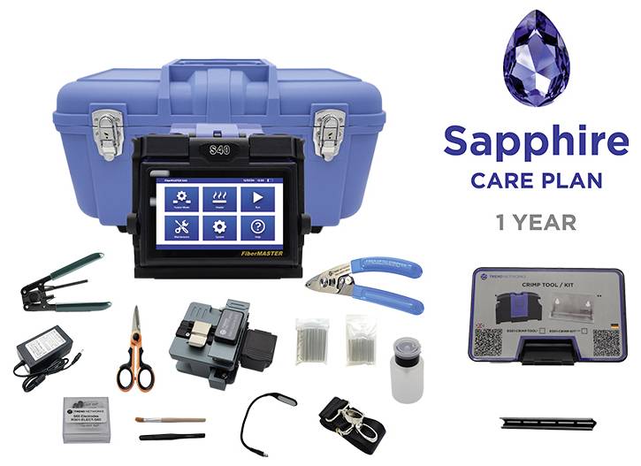 Plán péče Sapphire: 1 rok. Modrá sada nástrojů s elektronickým zařízením, různými nástroji z optických vláken a příslušenstvím pro údržbu a opravy.