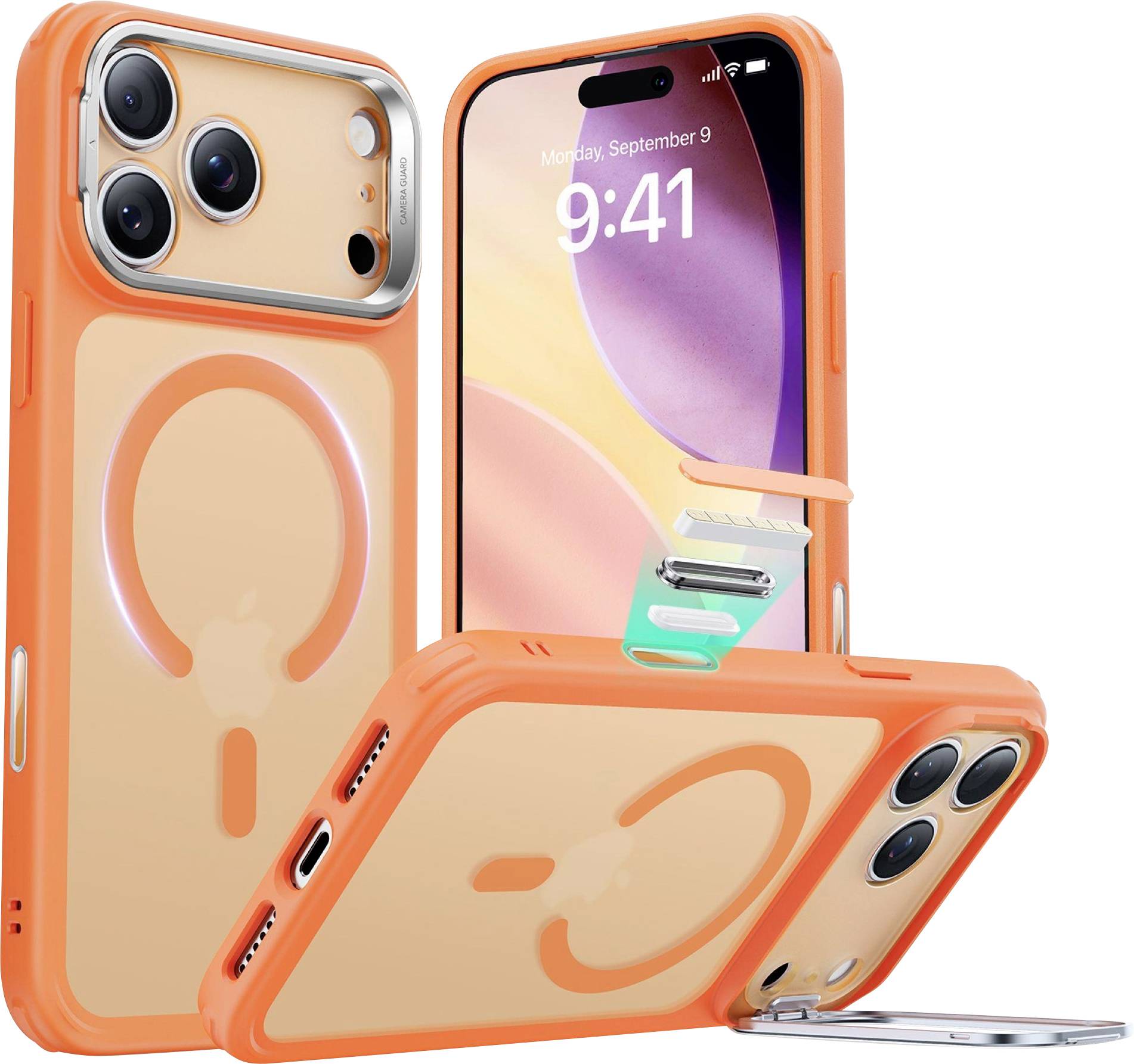 Oranžový kryt na telefon s vestavěným stojánkem, přihrádkou na kartu a ochranou fotoaparátu, zobrazený se dvěma telefony dokazujícími přizpůsobení a funkce.